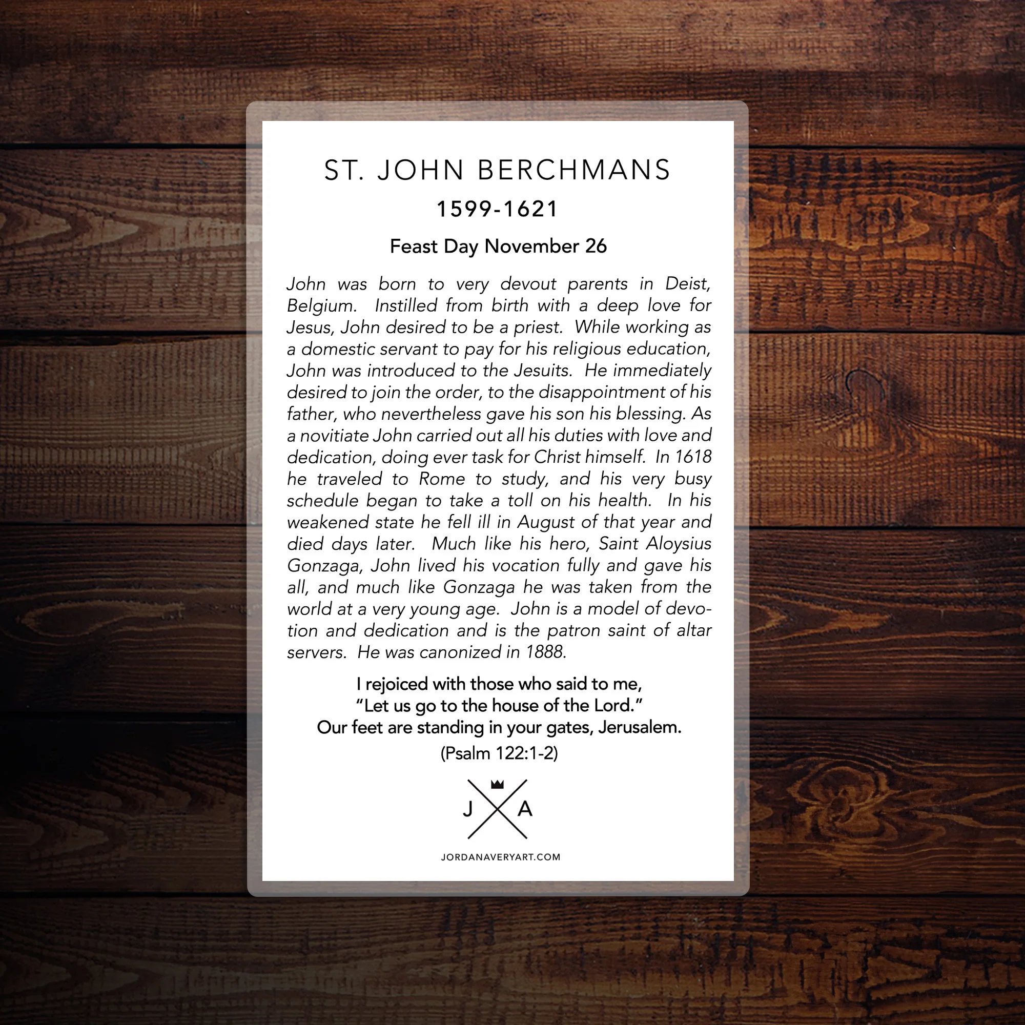 St. John Berchmans Large Prayer Card - Patron of Altar Servers - Image 3