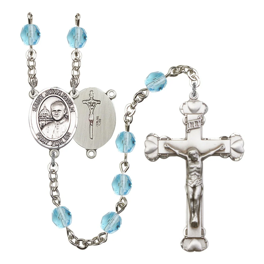 St. John Paul II Aqua Blue March Rosary 6mm