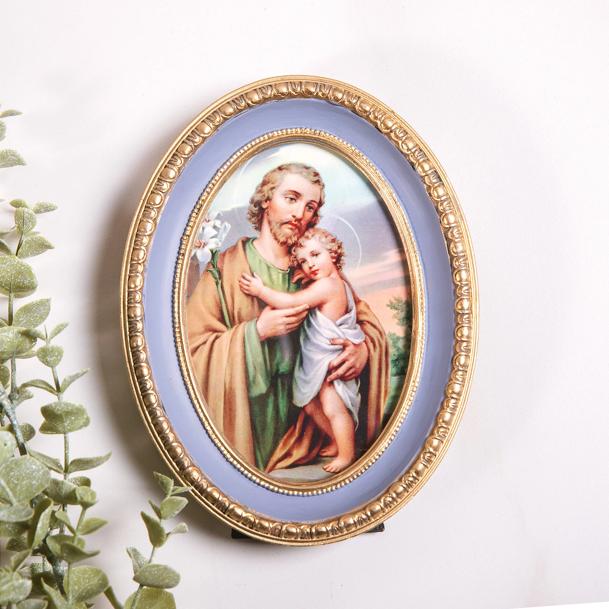 St. Joseph & Child Jesus Print in Blue Oval Frame - 7.5" x 5.5" - Image 2