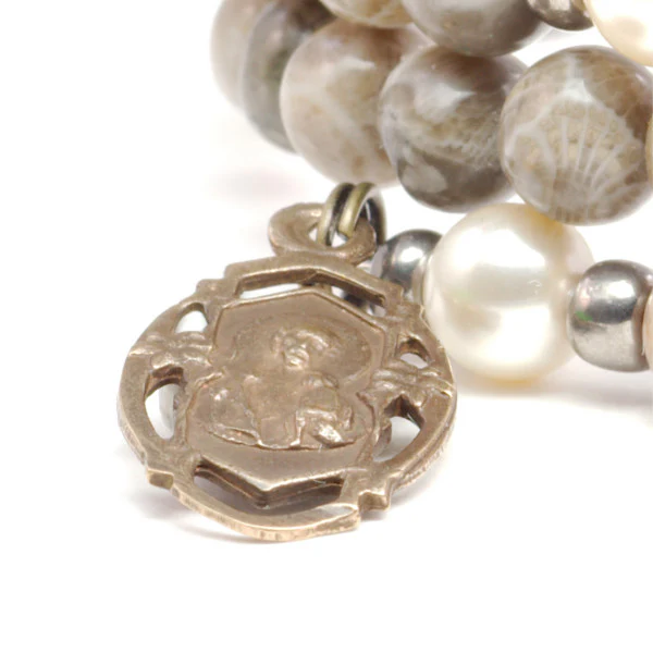 St. Joseph Gray Fossil Coral Full Rosary Wrap Bracelet - Image 2