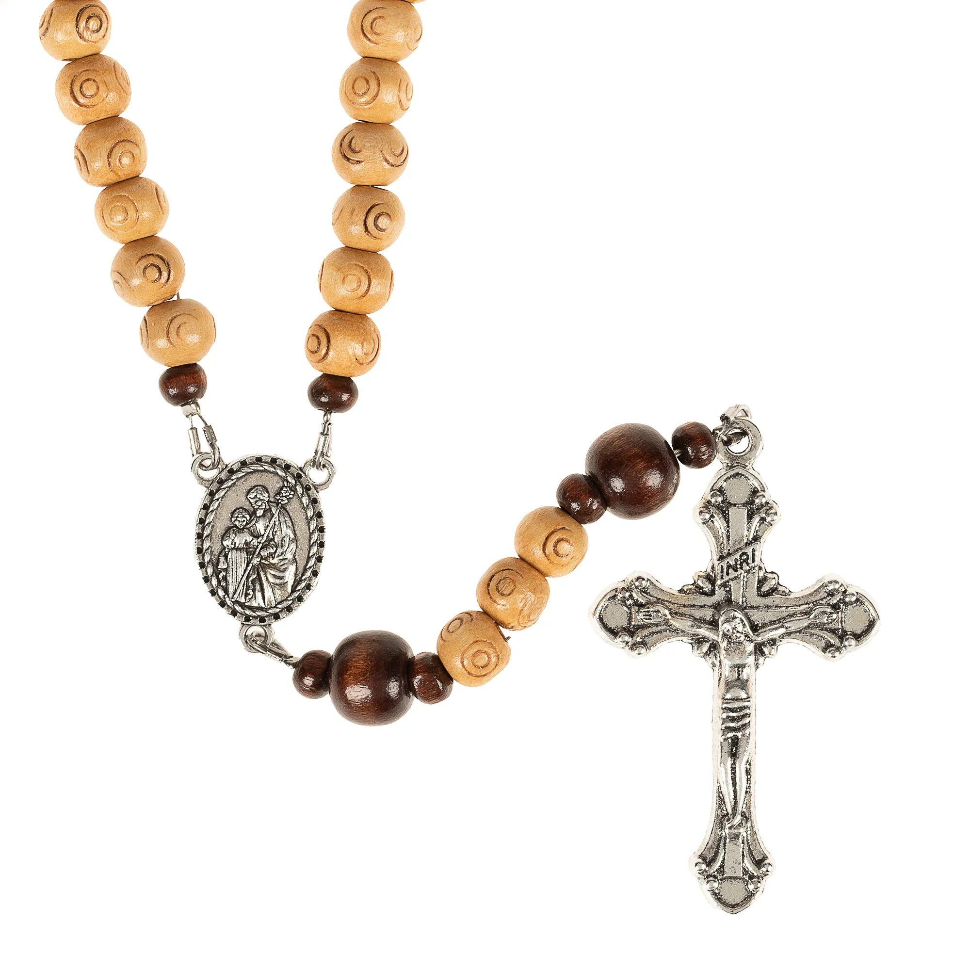 St. Joseph Light & Dark Wood Bead Rosary - Image 2