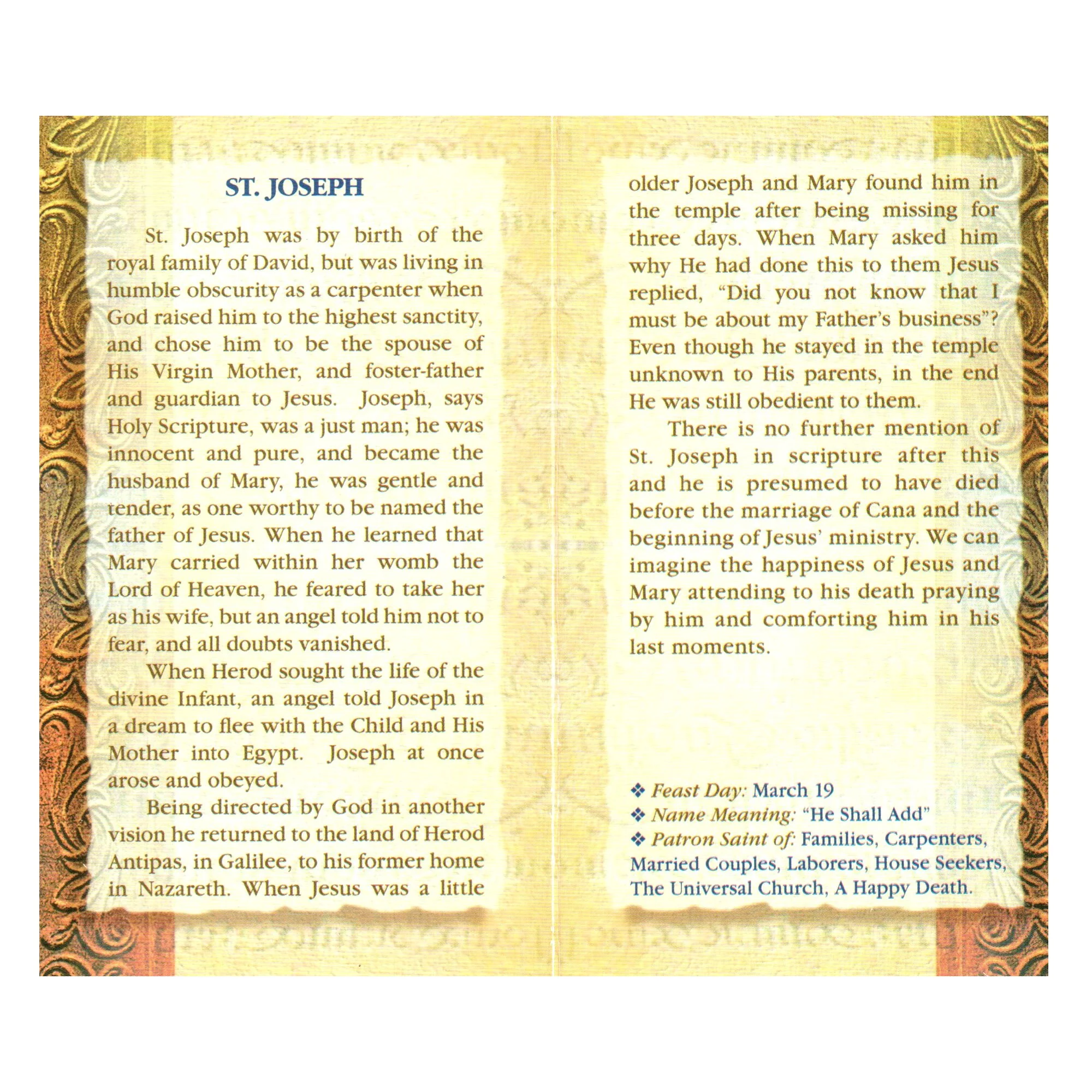St. Joseph - Mini Lives of the Saints Folded Prayer Card