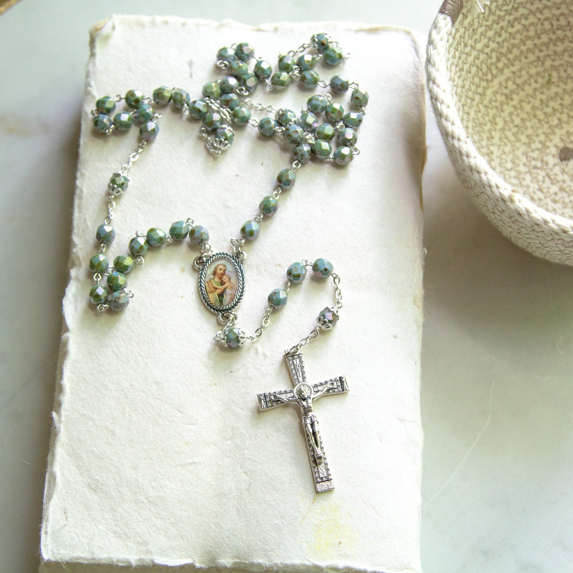 St. Joseph Teal Czech Glass Rosary - Image 2