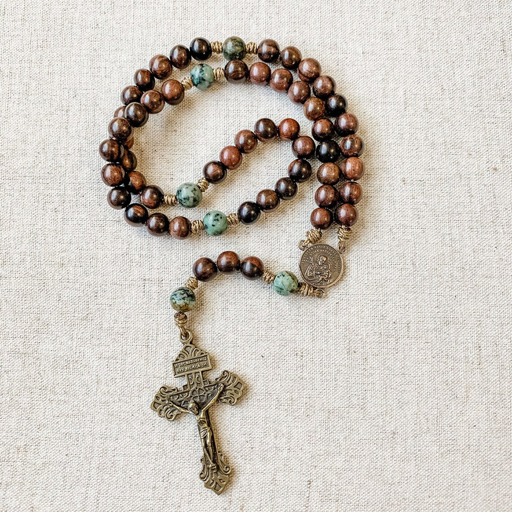 St. Joseph & Two Hearts Wood Bead Corded Rosary - Image 3