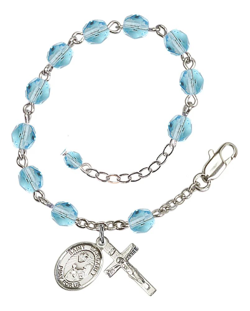 St. Margaret Mary Alacoque Aqua Blue March Rosary Bracelet 6mm