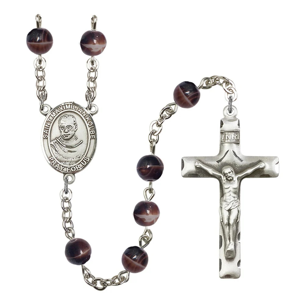 St. Maximilian Kolbe 7mm Brown Rosary