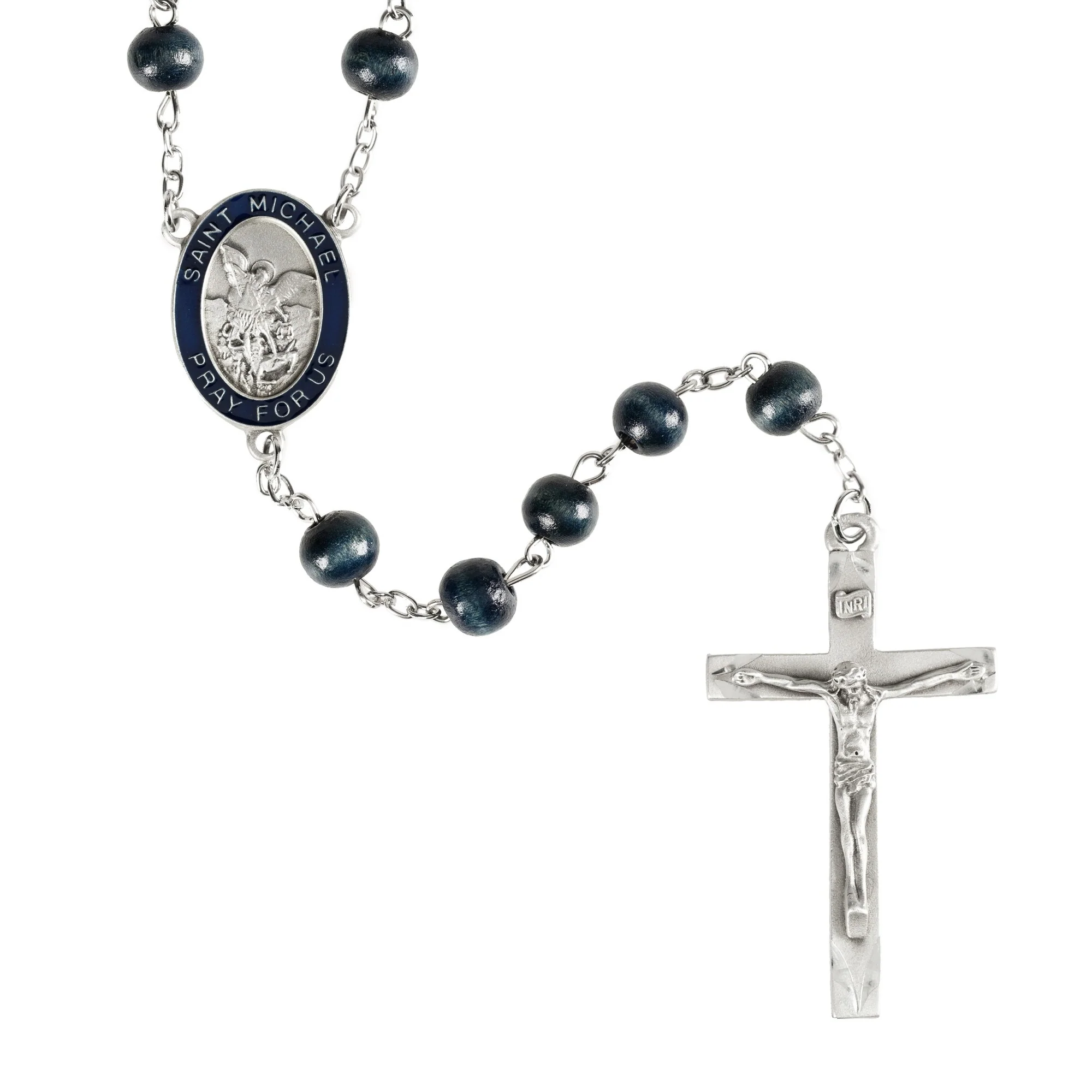 St. Michael Blue Wood Rosary with Oval Center