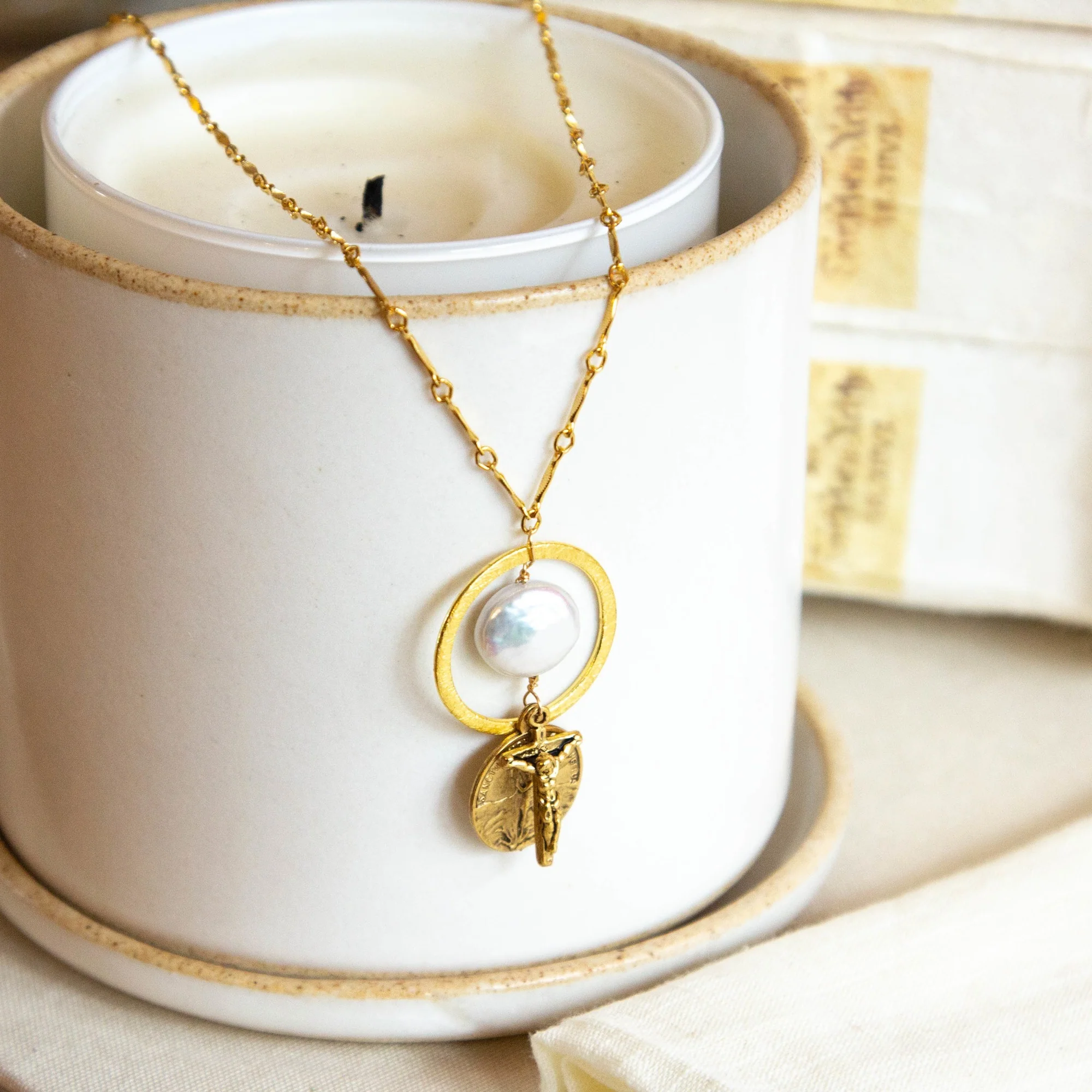 St. Michael, Crucifix and Freshwater Pearl Necklace - Image 4