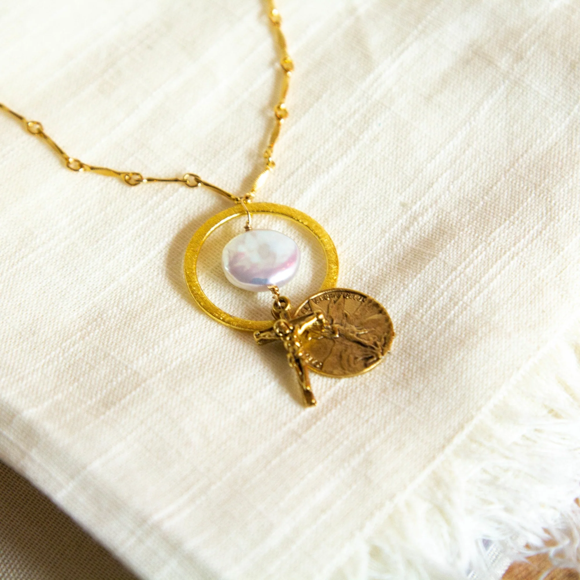 St. Michael, Crucifix and Freshwater Pearl Necklace - Image 5