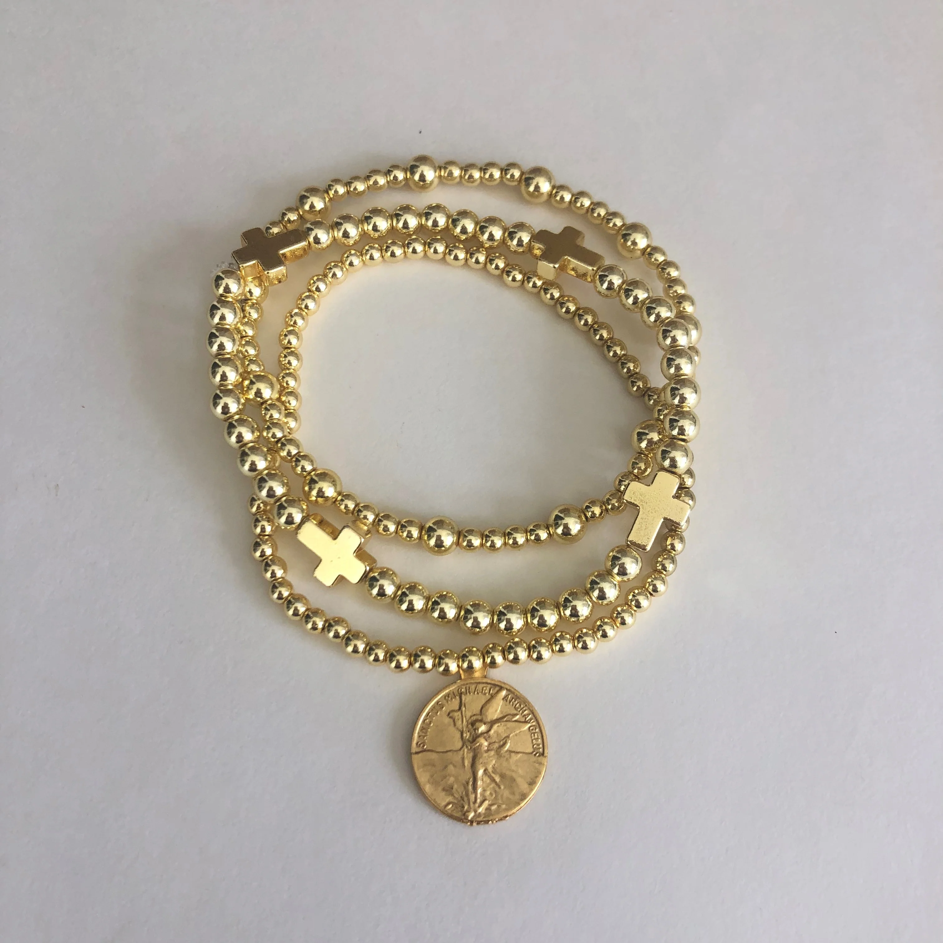 St. Michael Gold Cross Bead Bracelets - 3 Piece Set - Image 2