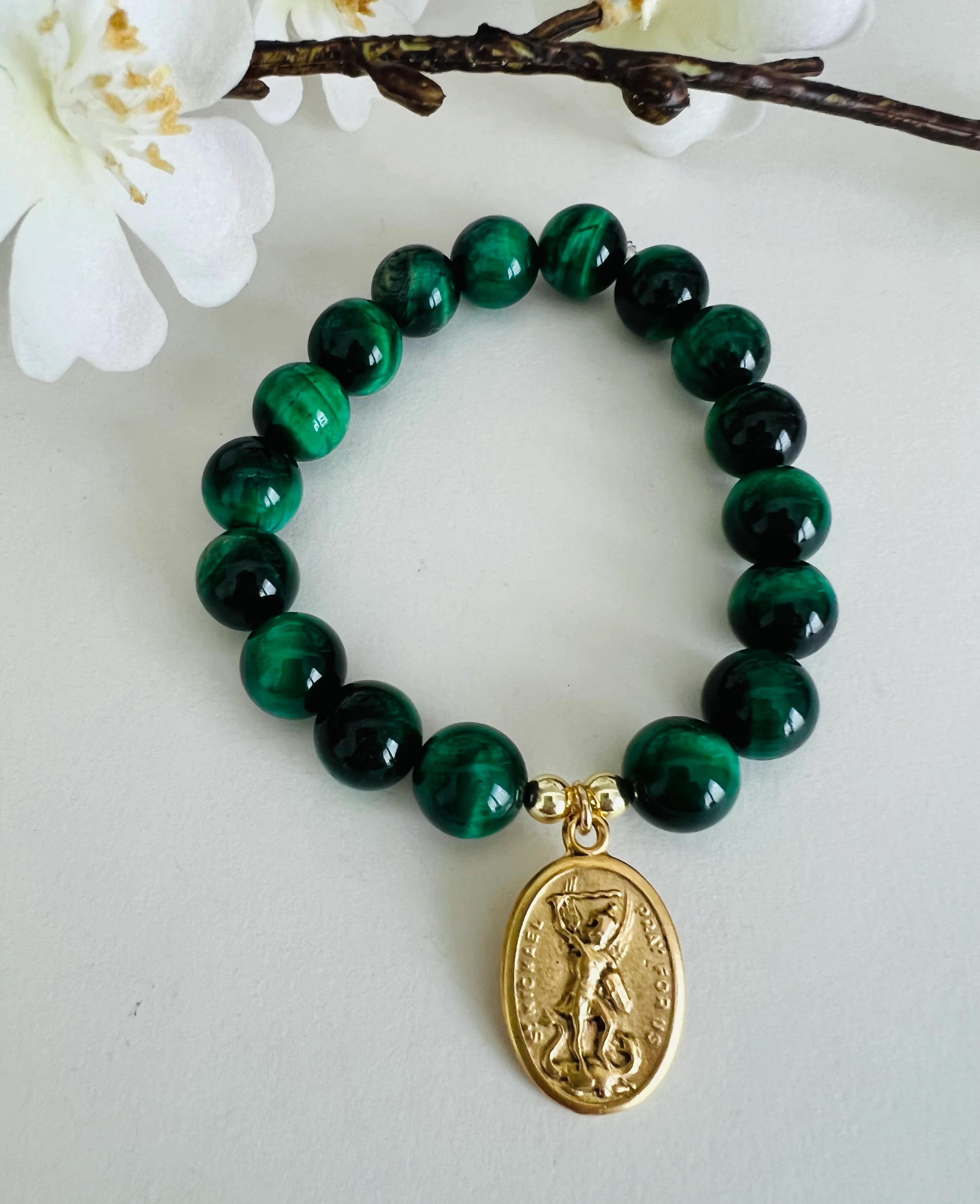 St. Michael Green Cat's Eye Bracelet