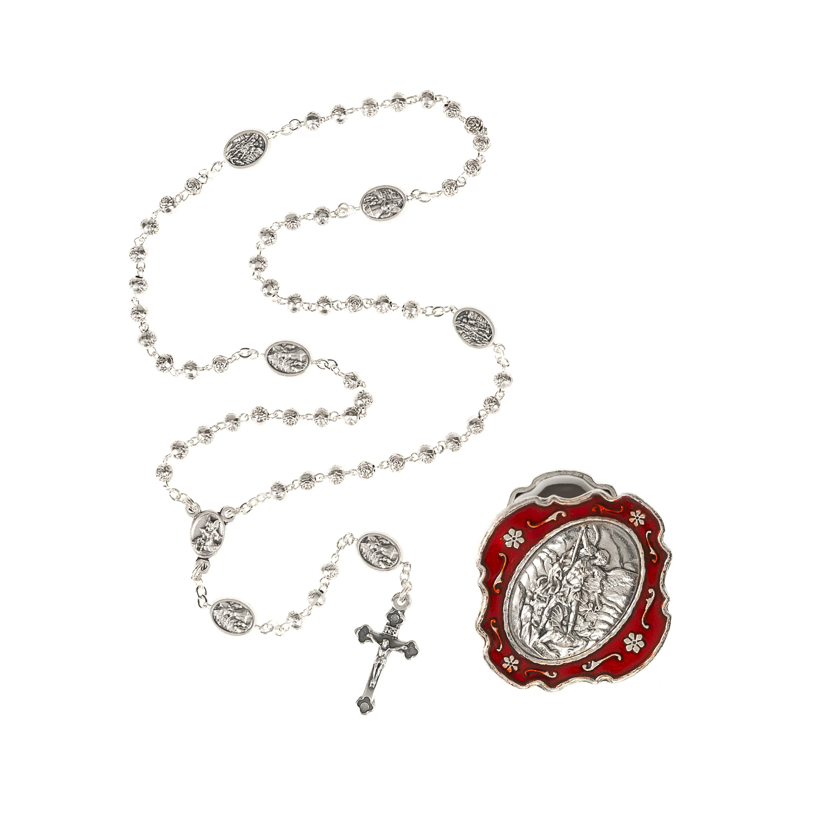 St. Michael Rosary in Silver & Red Enamel Box - Image 2