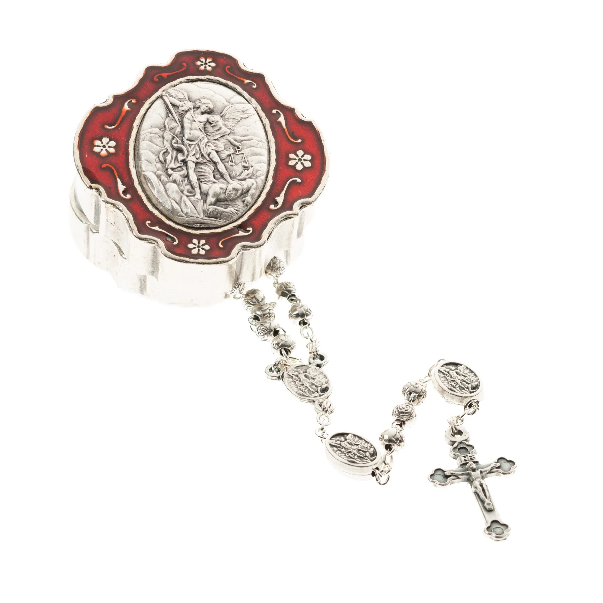 St. Michael Rosary in Silver & Red Enamel Box - Image 3