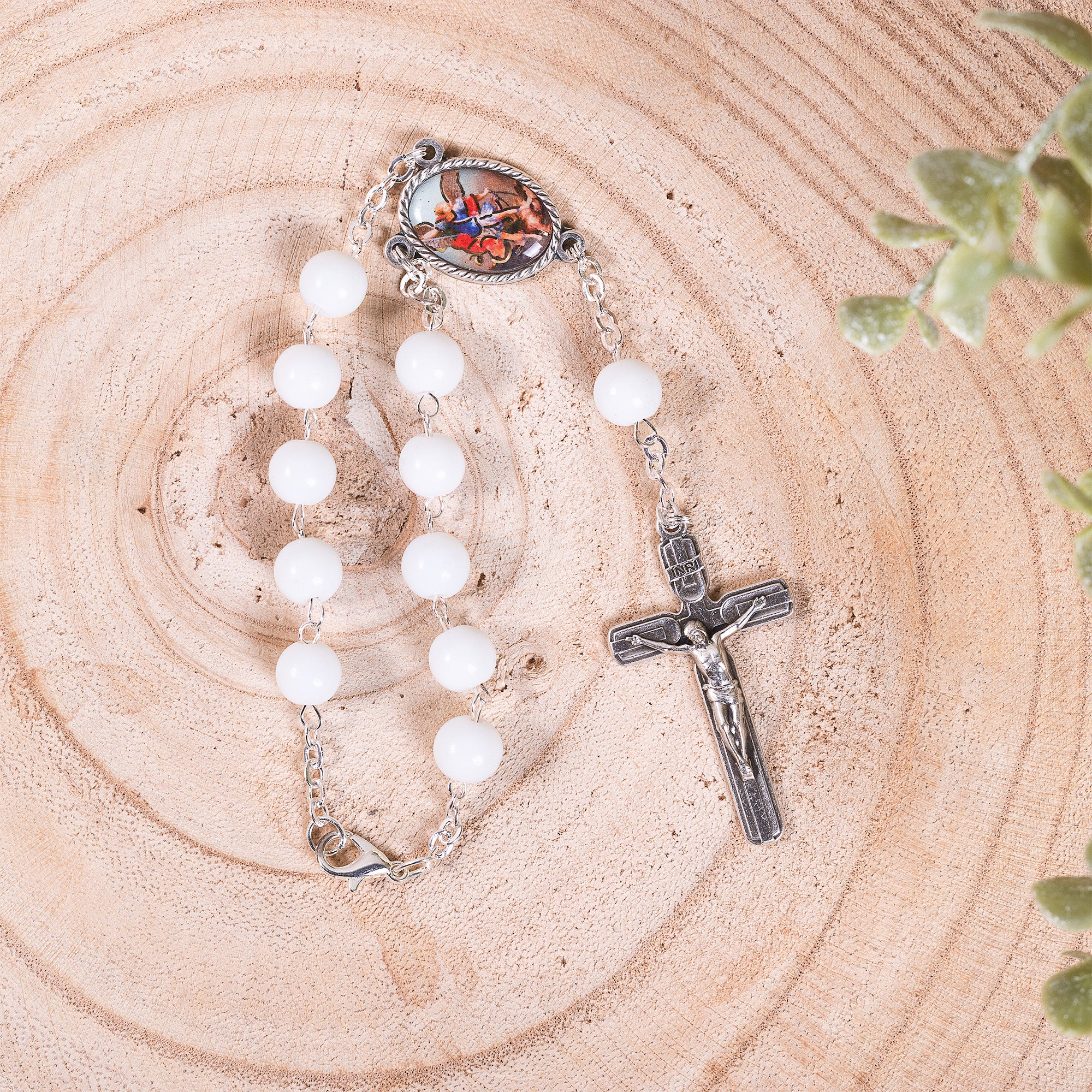 St. Michael White Glass Auto Rosary - Image 2