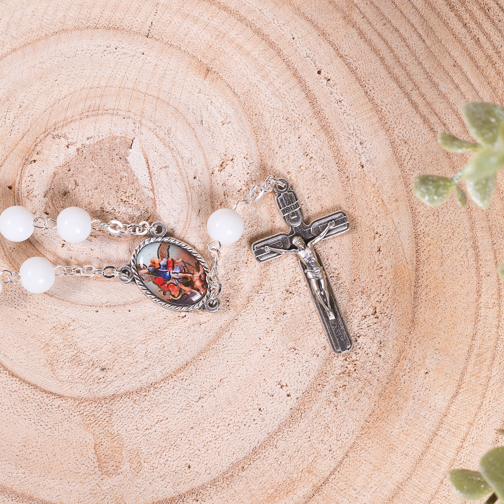 St. Michael White Glass Auto Rosary - Image 3