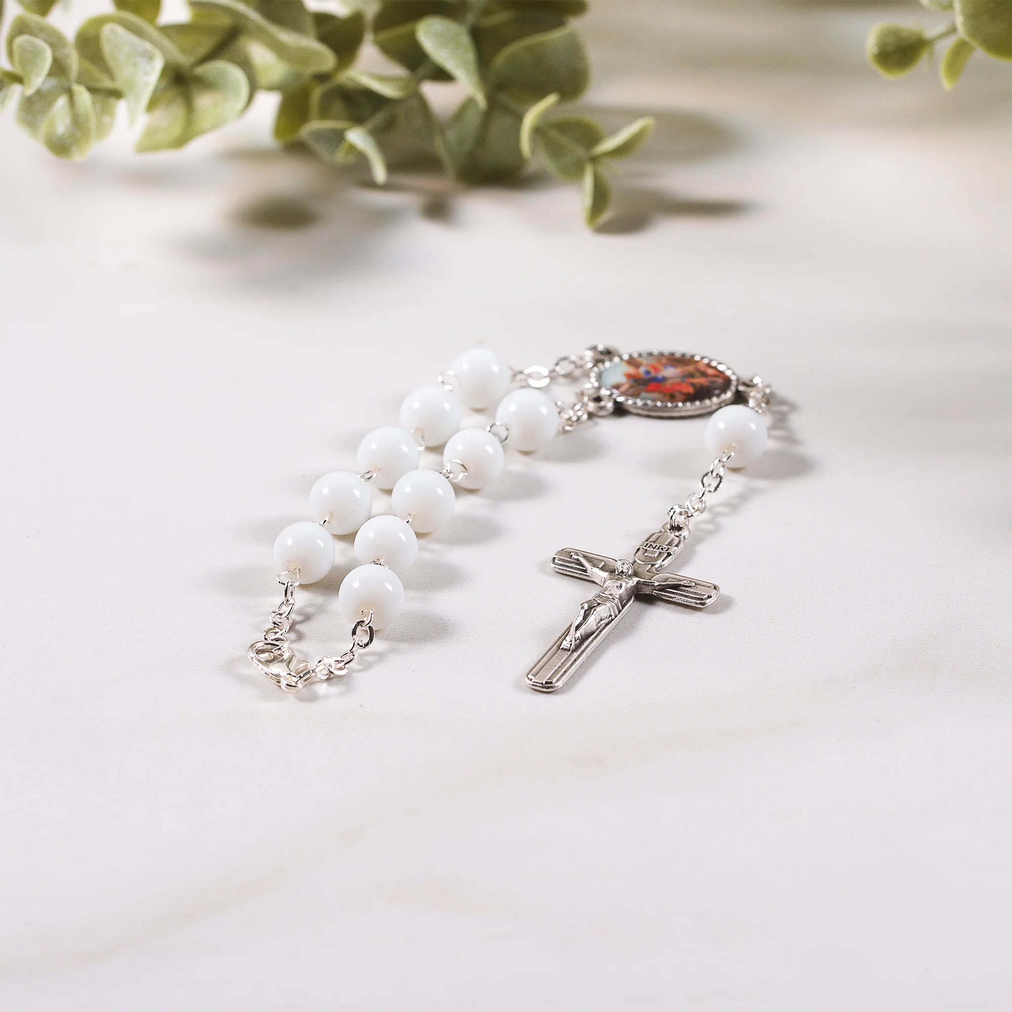 St. Michael White Glass Auto Rosary - Image 5