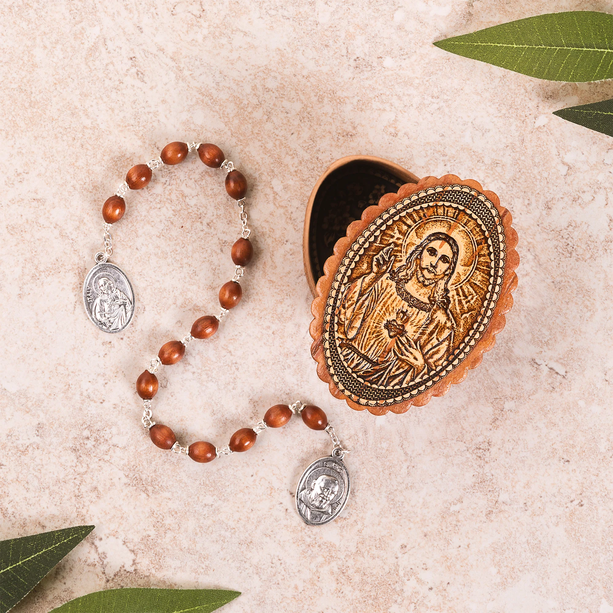 St. Padre Pio's Sacred Heart Novena Chaplet & Russian Birch Wood Sacred Heart Rosary Box (Gift Set)