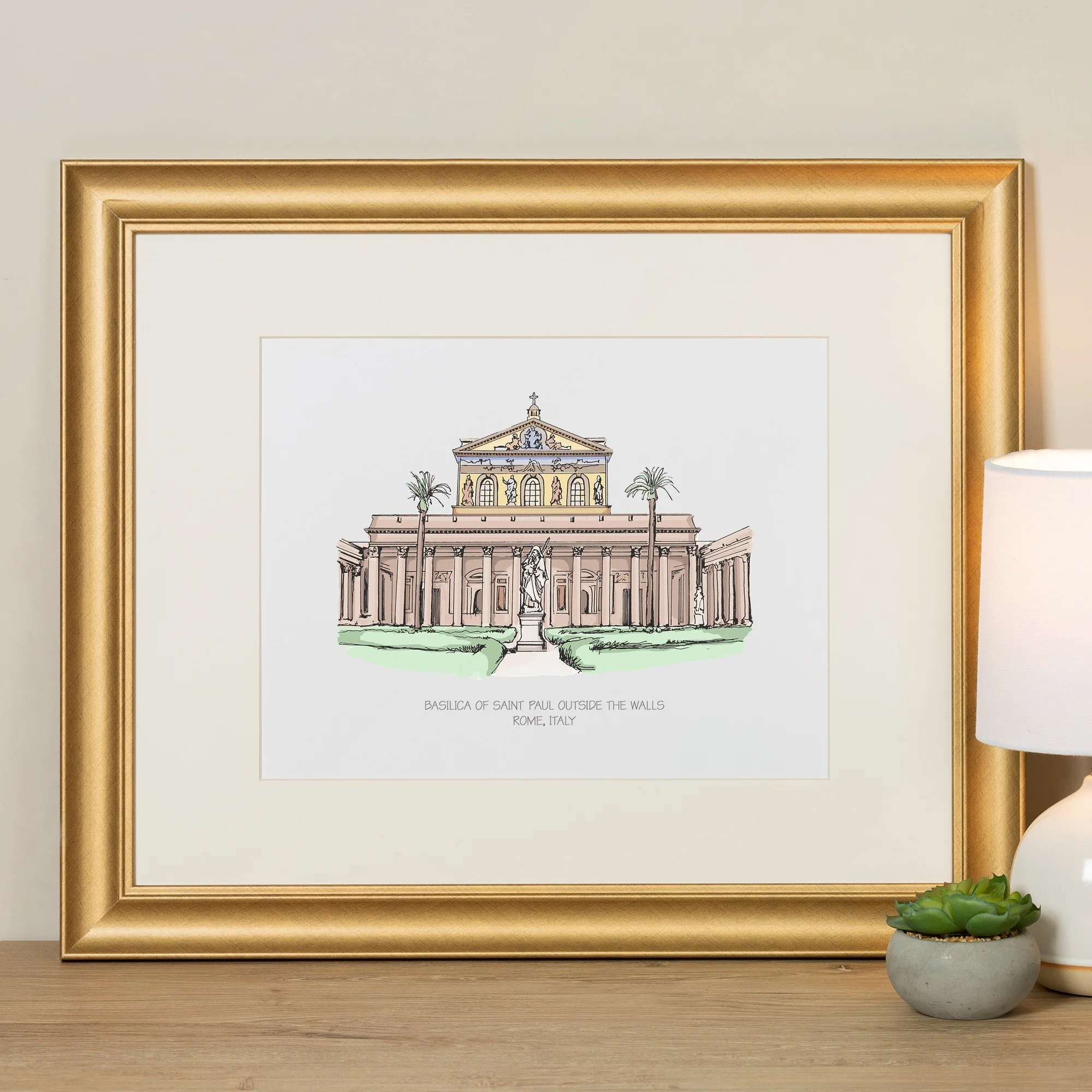 St. Paul Outside the Walls Ink & Watercolor Large Framed Print - Image 7