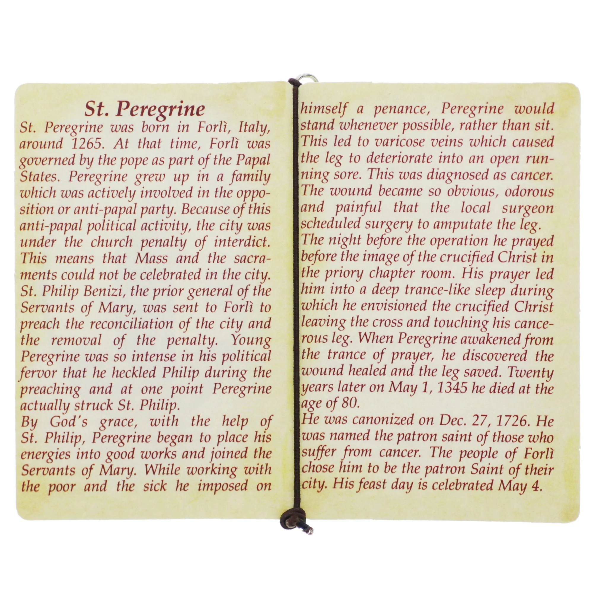St. Peregrine Folded Prayer Card with Medal - Image 3