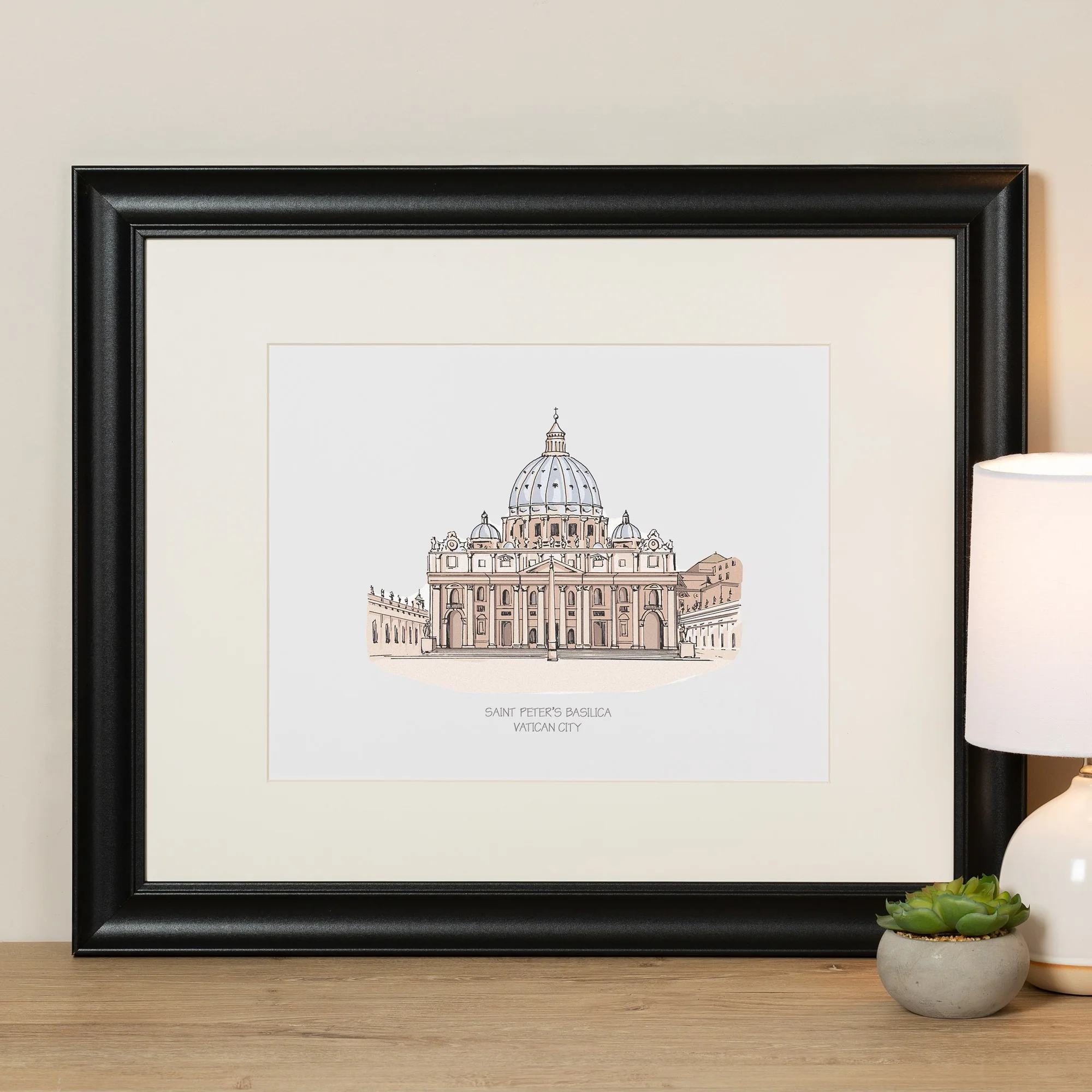 St. Peter's Basilica Ink & Watercolor Large Framed Prints - Image 5
