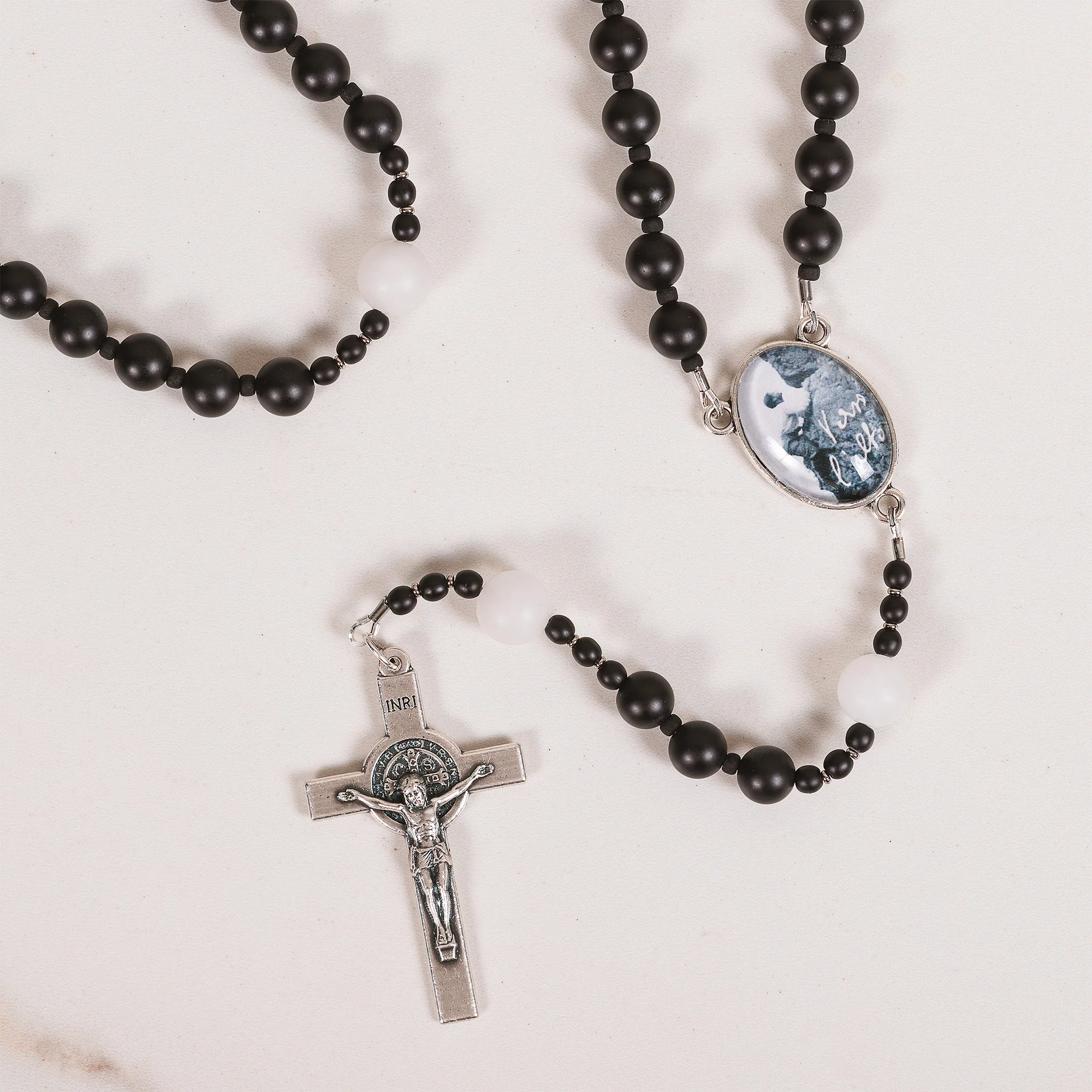 St. Pier Giorgio Frassati Matte Black Onyx & White Jade Rosary - Image 2