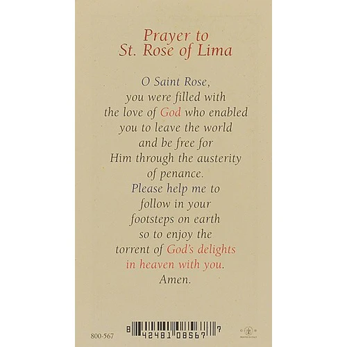 St. Rose of Lima - Prayer Card - Image 2