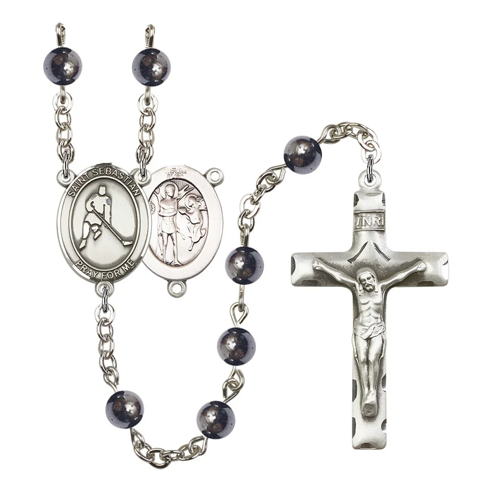 St. Sebastian/Ice Hockey 6mm Hematite Rosary
