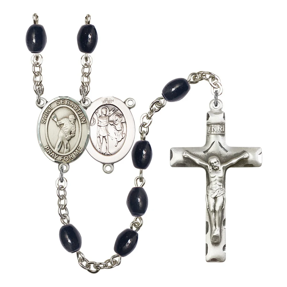 St. Sebastian/Lacrosse 8X6mm Black Onyx Rosary