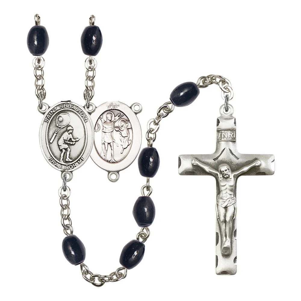 St. Sebastian / Tennis 8X6mm Black Onyx Rosary
