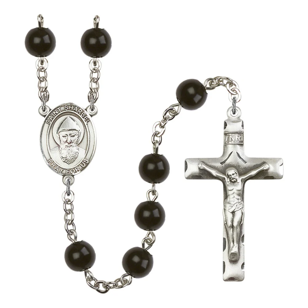 St. Sharbel 7mm Black Onyx Rosary