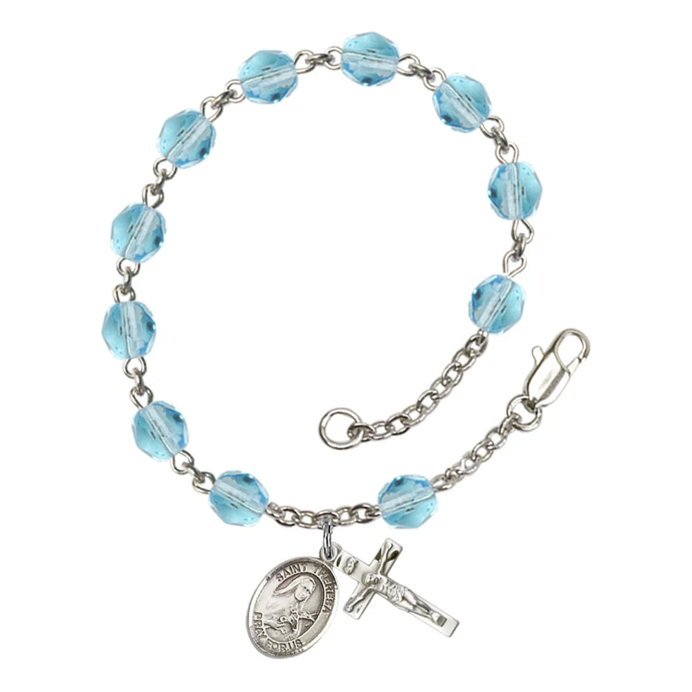St. Theresa Aqua Blue March Rosary Bracelet 6mm