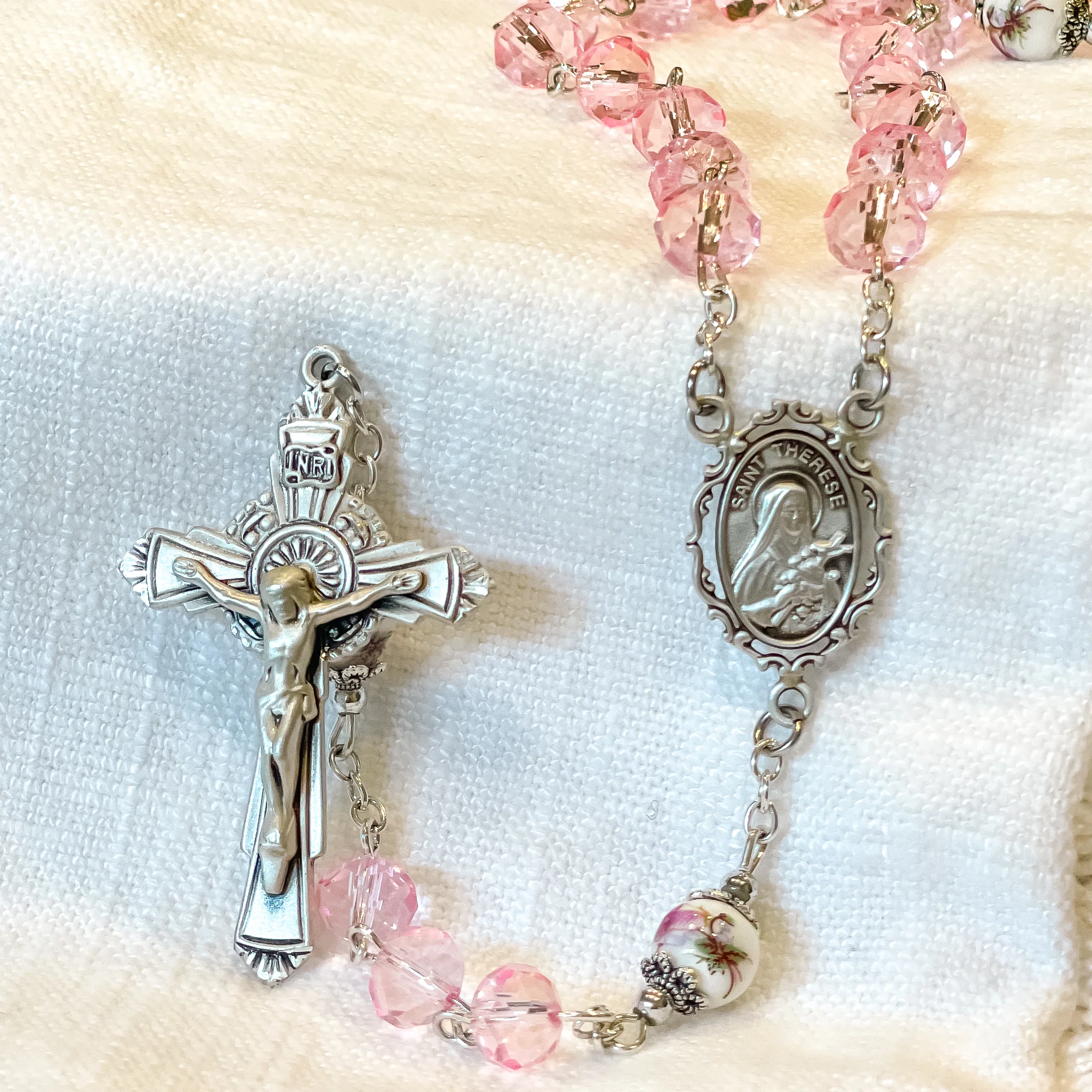 St Therese Pink Crystal & Ceramic Rosary - Image 2