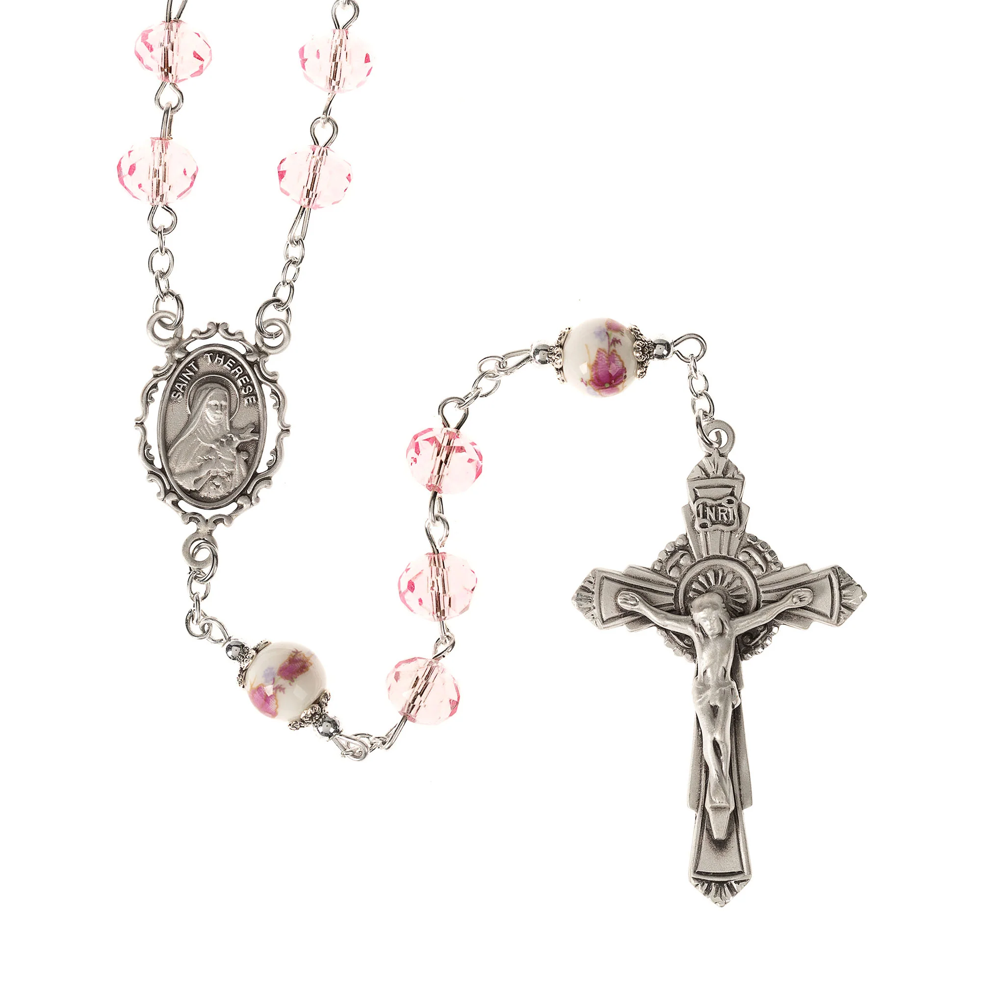 St Therese Pink Crystal & Ceramic Rosary - Image 3