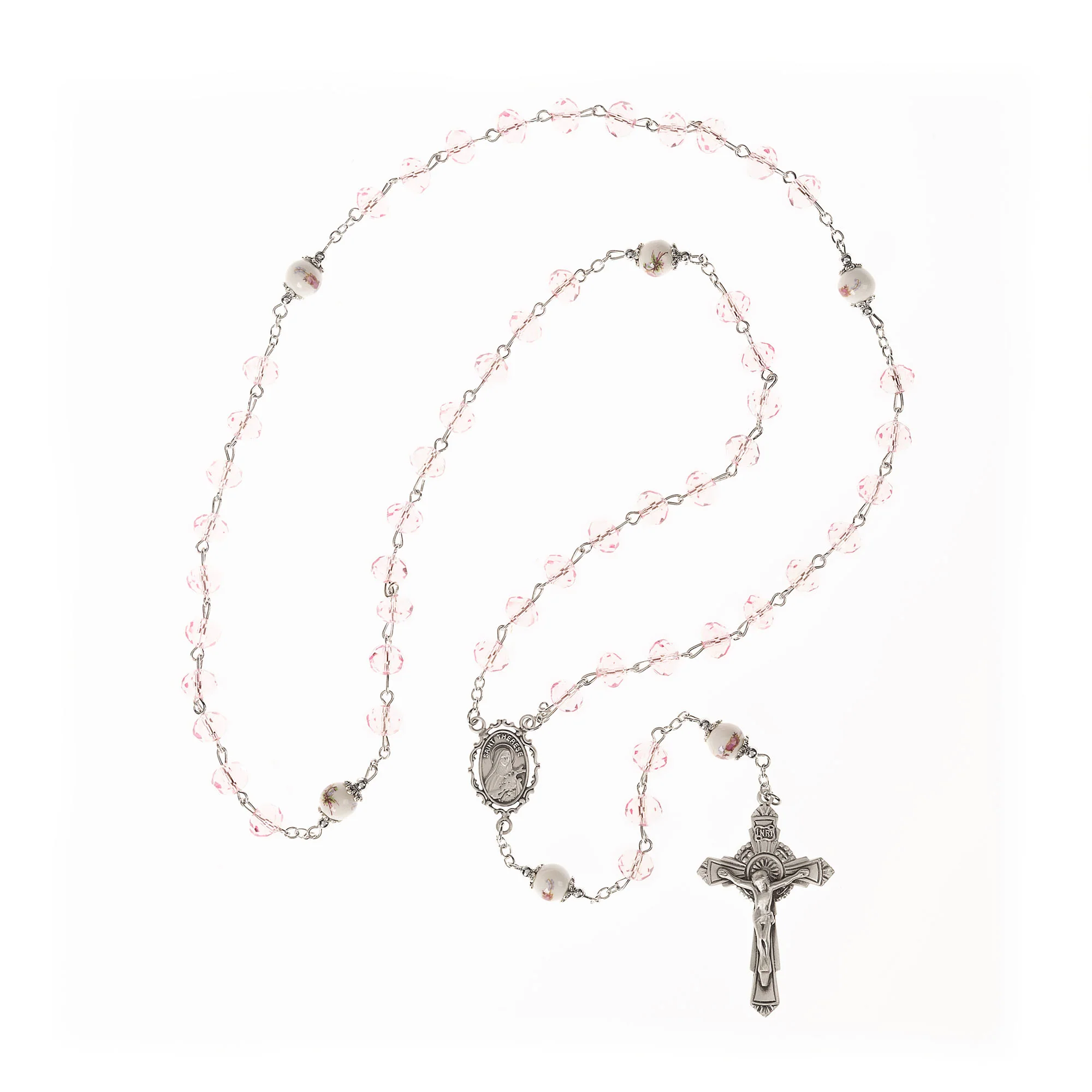 St Therese Pink Crystal & Ceramic Rosary - Image 4