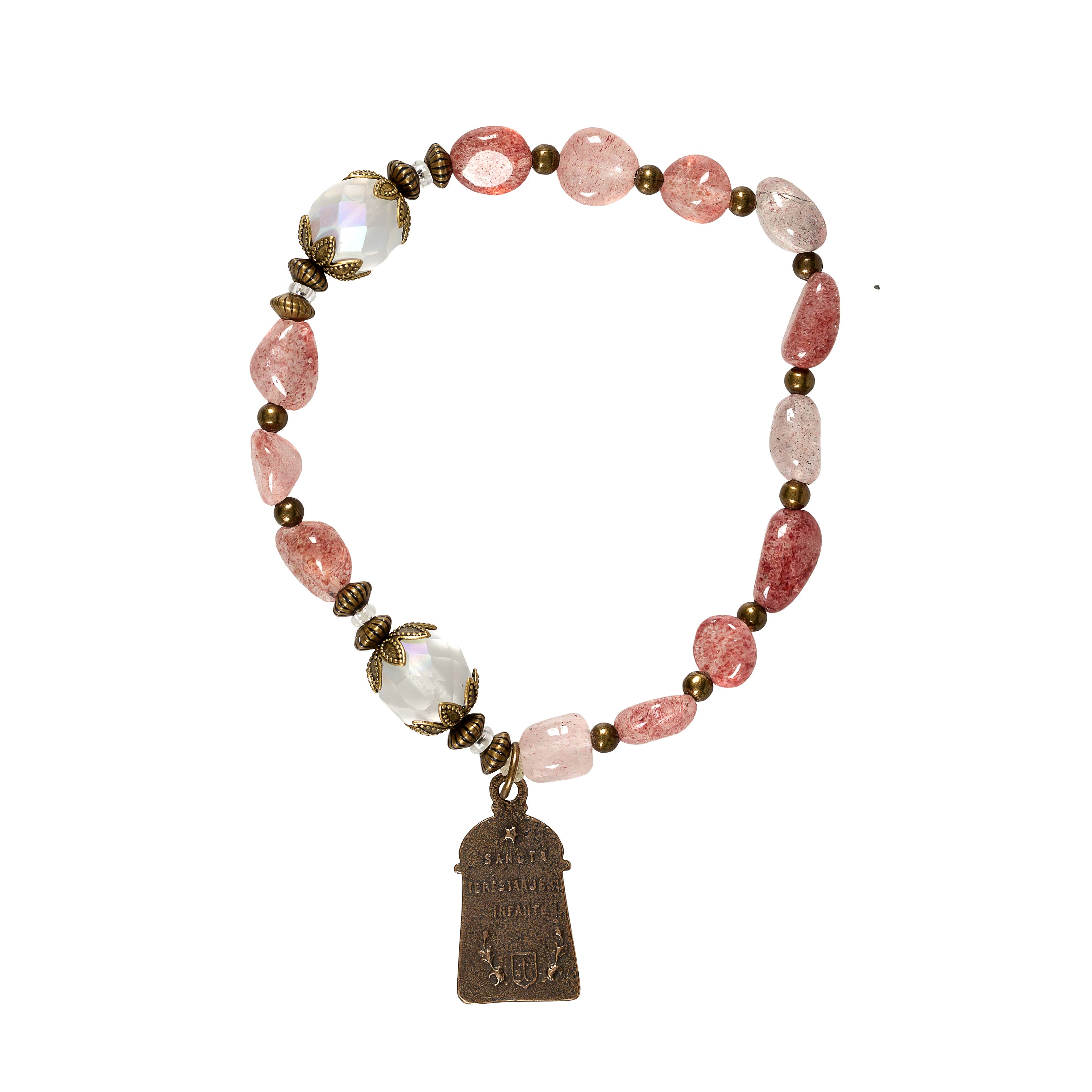 St. Therese Strawberry Quartz Vintage Rosary Bracelet - Image 2