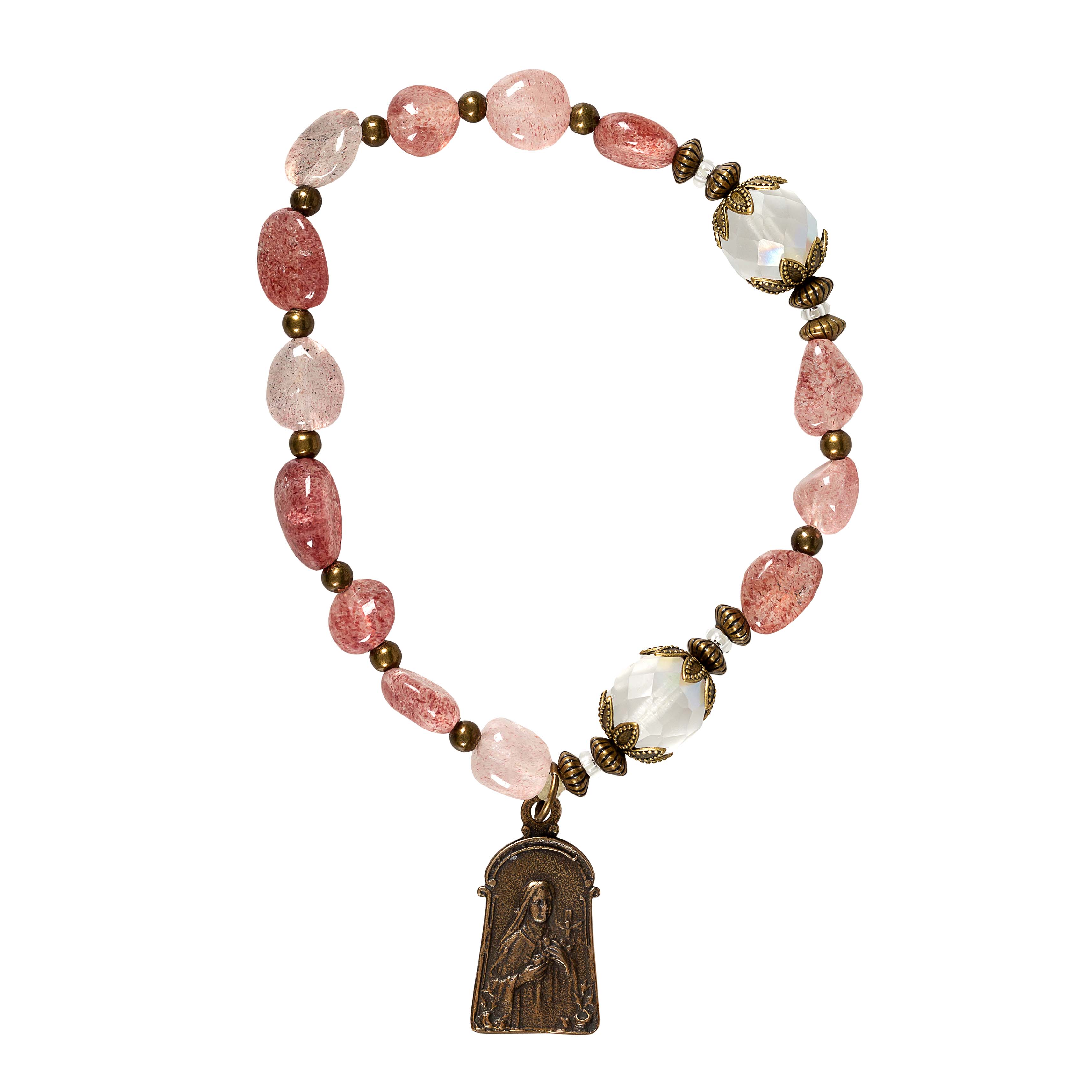 St. Therese Strawberry Quartz Vintage Rosary Bracelet - Image 3