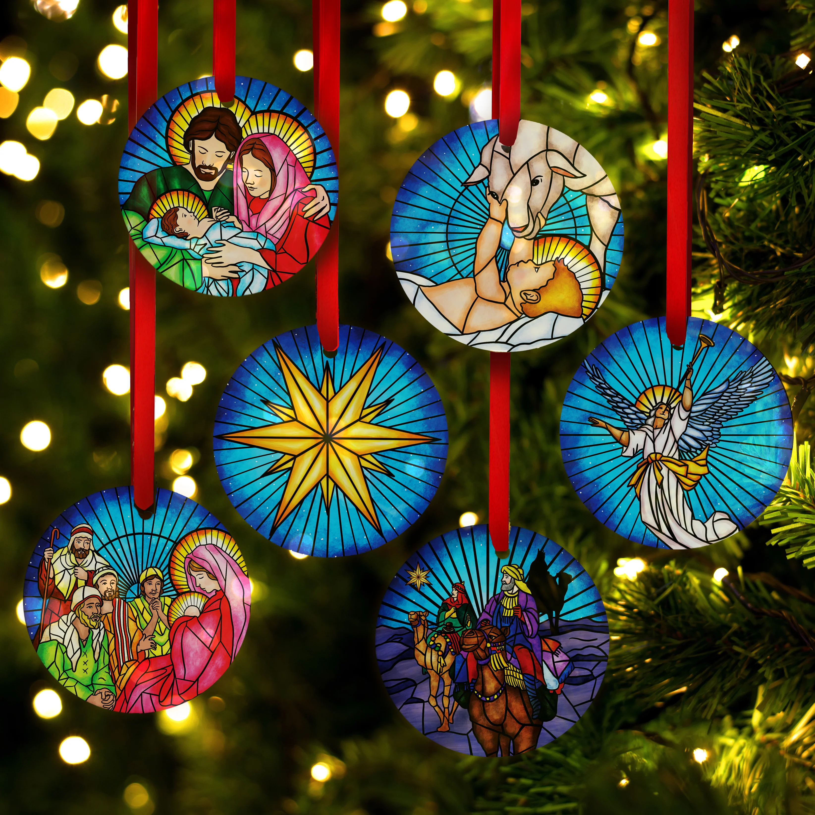 Stained Glass Nativity Ornaments - Set of 6