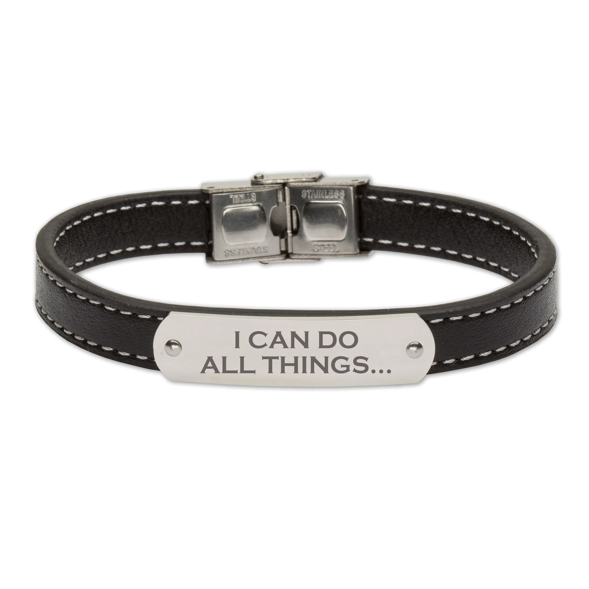 Stainless Steel Black Leather Bracelet - "I Can Do All Things"