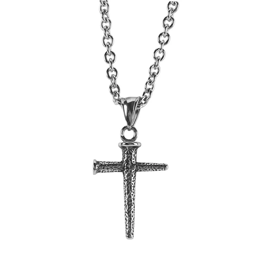 Stainless Steel Etched Nail Cross Necklace - 18"