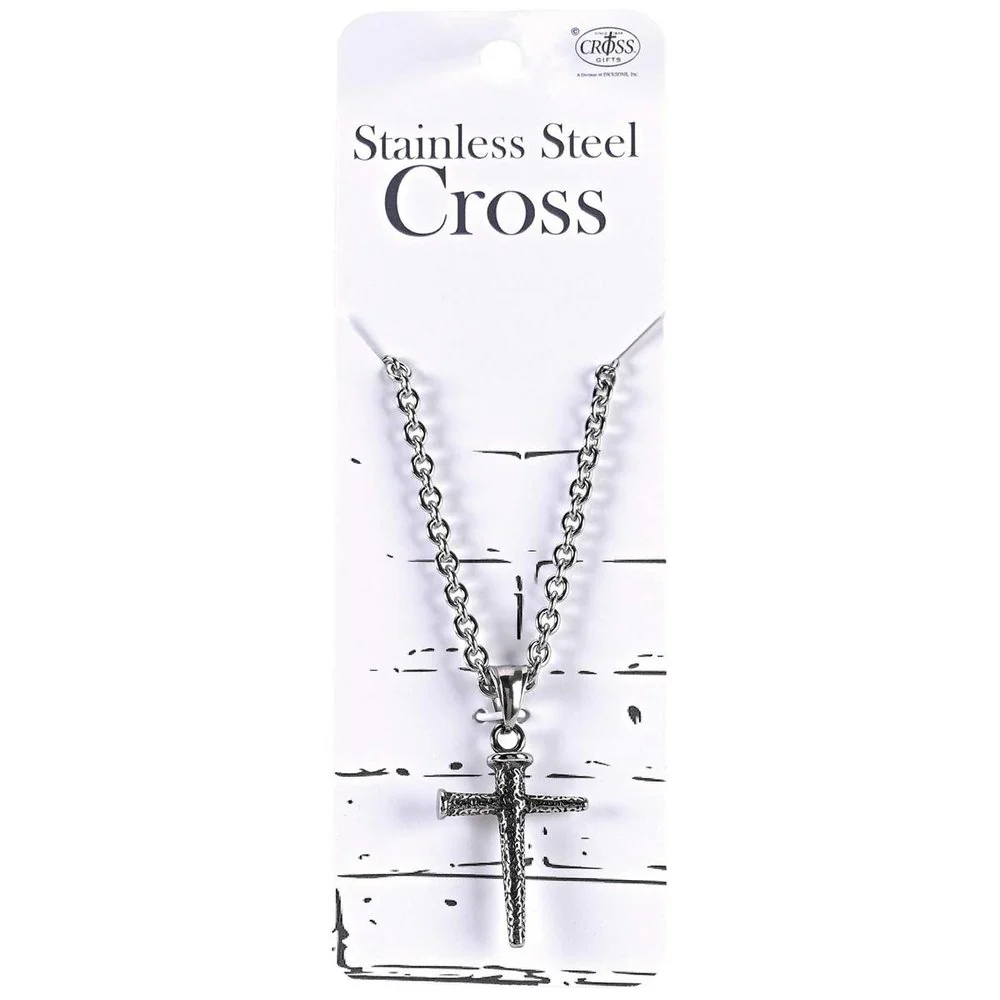 Stainless Steel Etched Nail Cross Necklace - 18" - Image 2