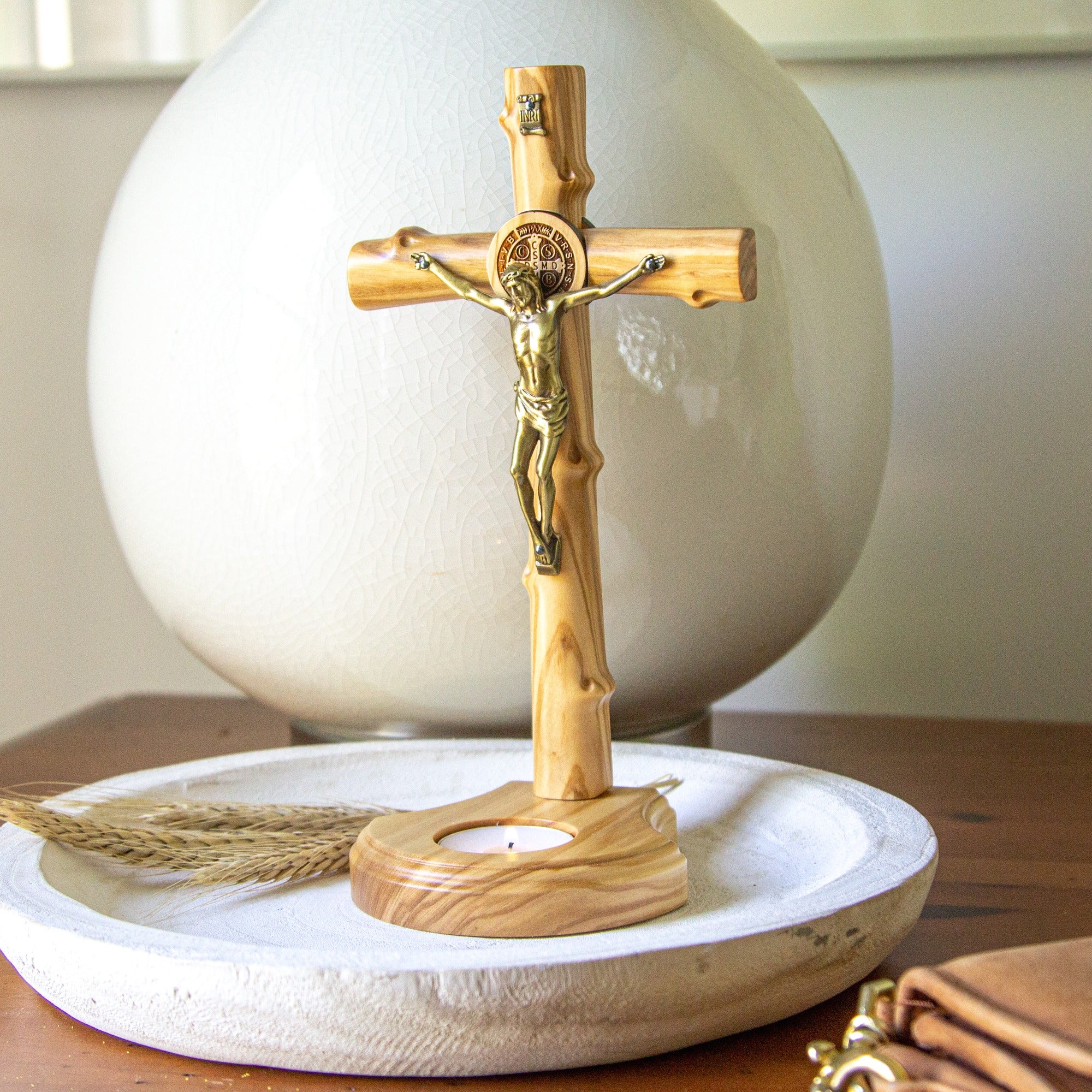 Standing St. Benedict Crucifix with Votive Holder