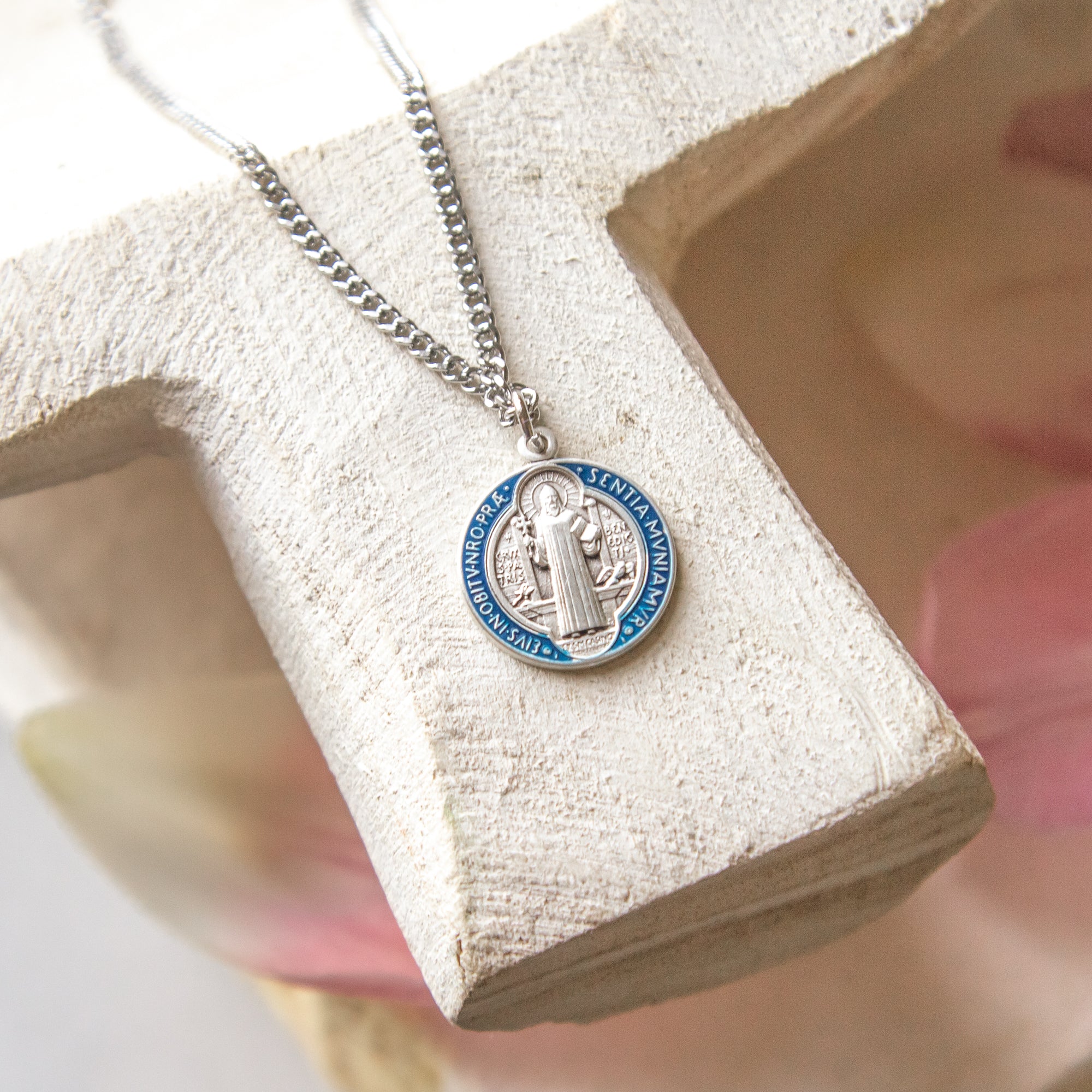 Sterling & Blue Enameled St. Benedict Medal Necklace - 24"