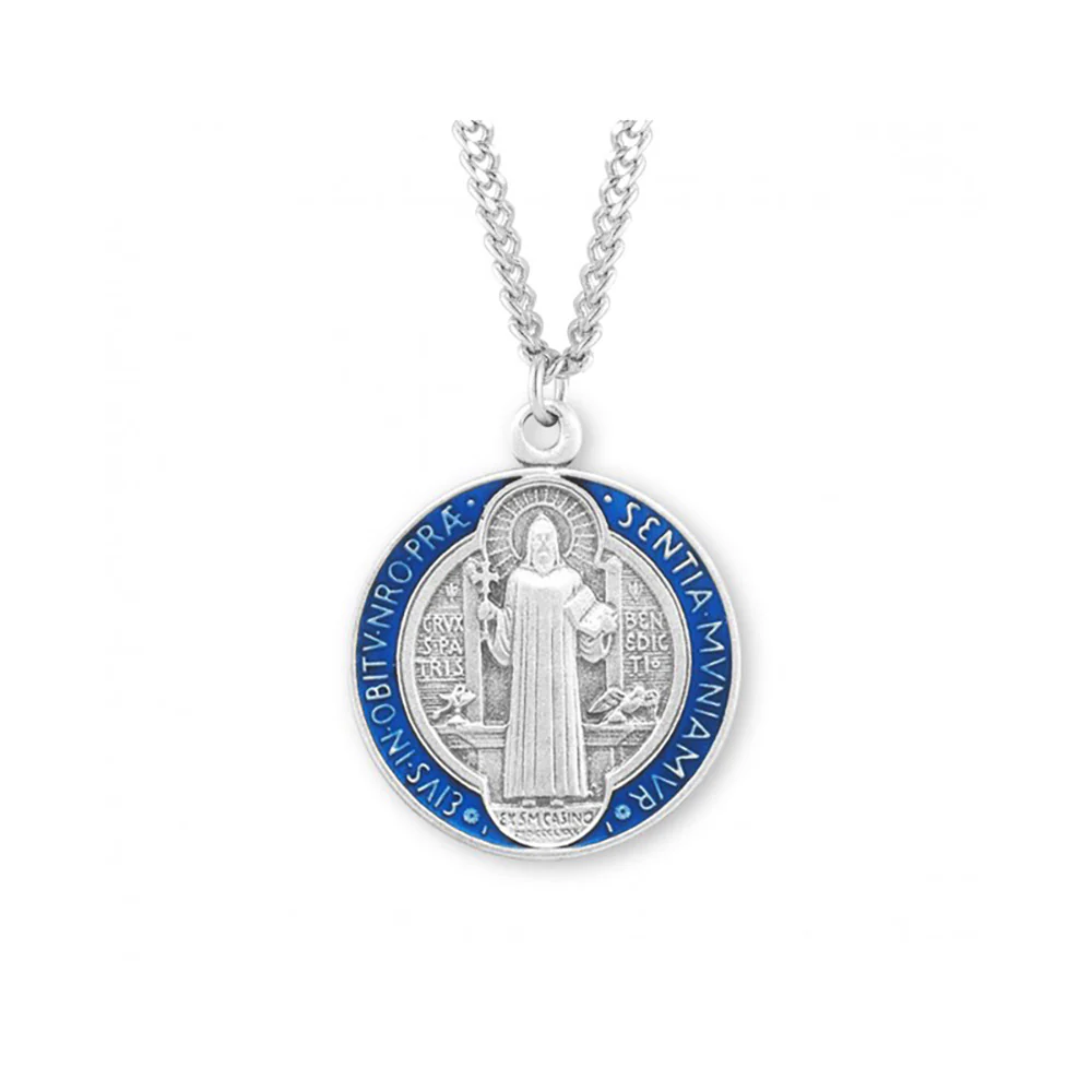 Sterling & Blue Enameled St. Benedict Medal Necklace - 24" - Image 2