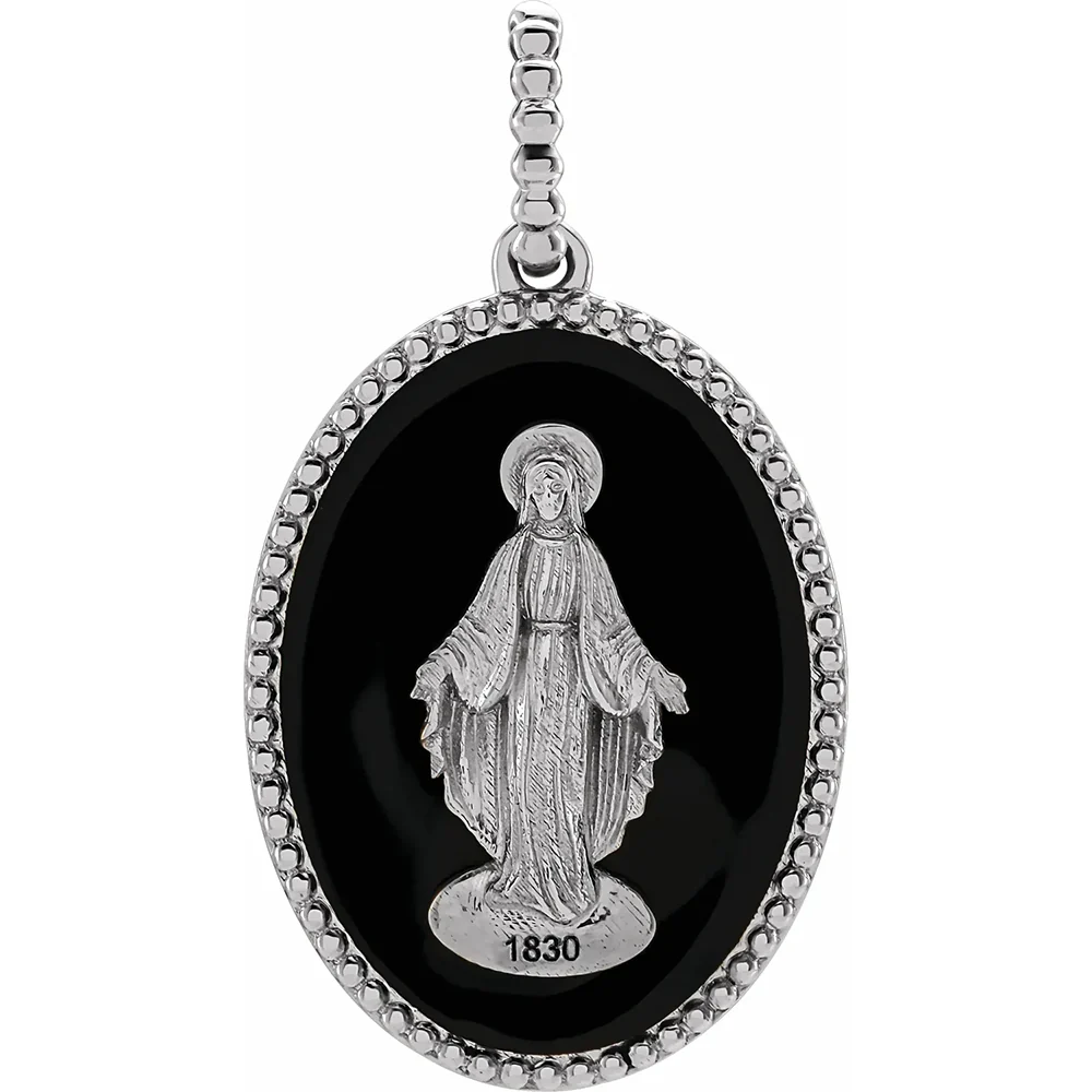 Sterling Enamel Miraculous Medal Pendant - White or Black