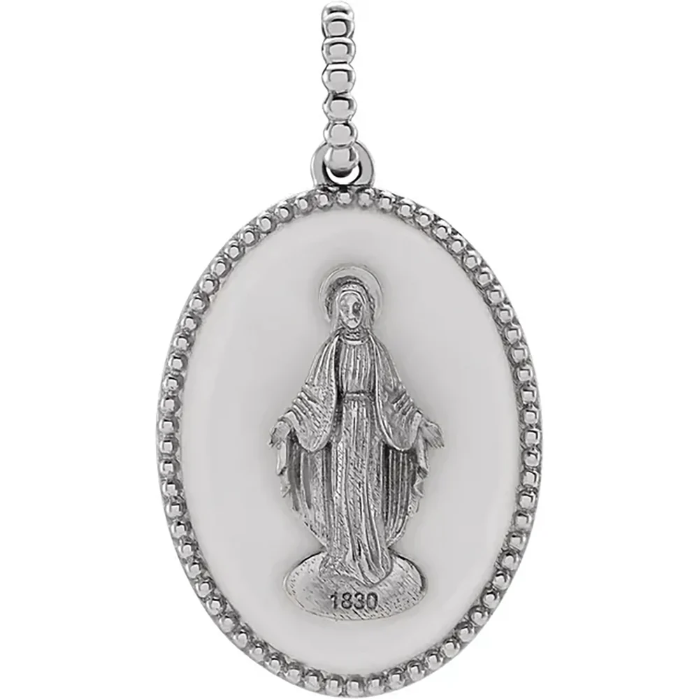 Sterling Enamel Miraculous Medal Pendant - White or Black - Image 3