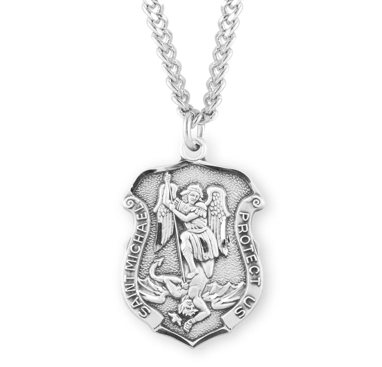 Sterling Laser Cut Shield St. Michael Medal Necklace