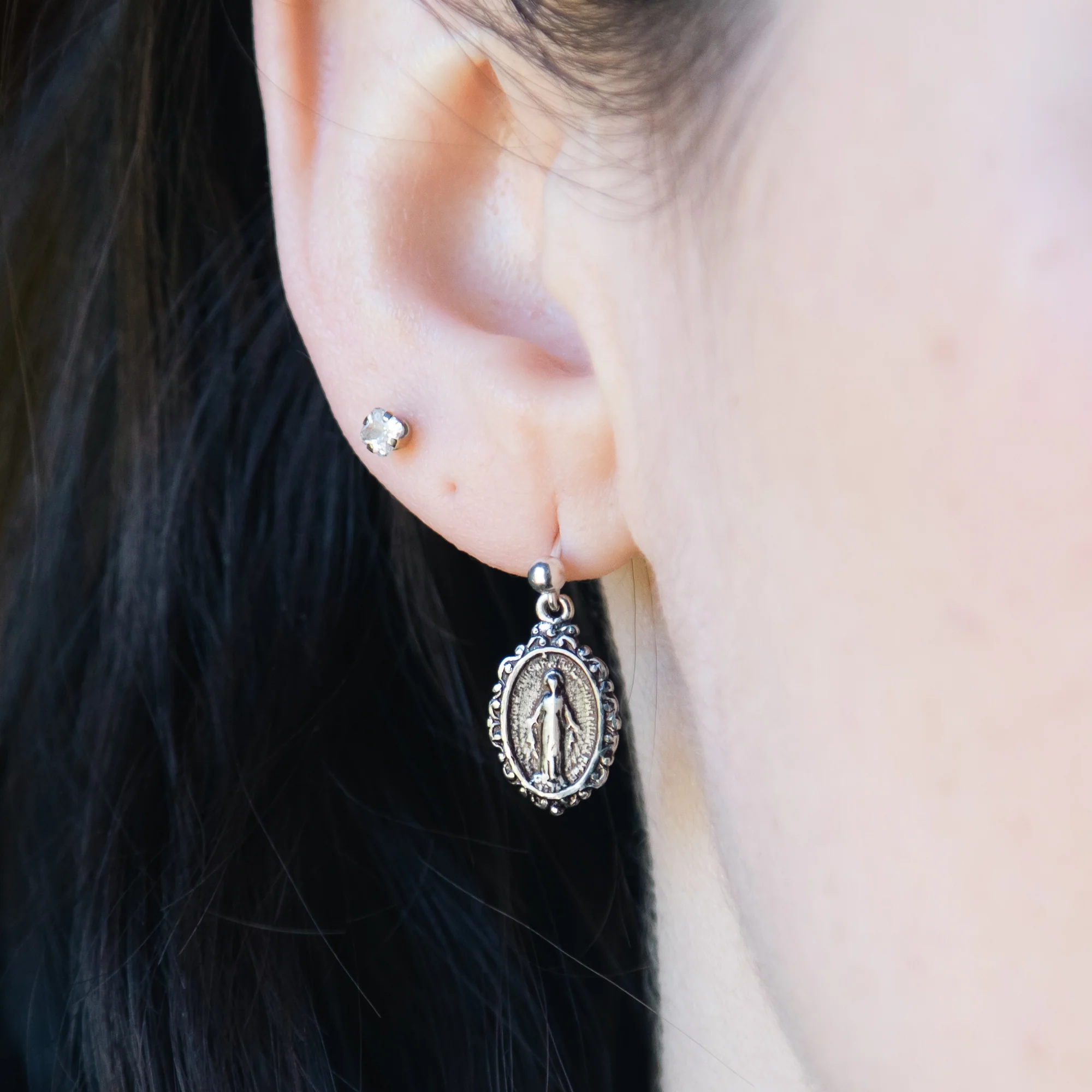 Sterling Miraculous Medal Dangle Earrings - Image 2