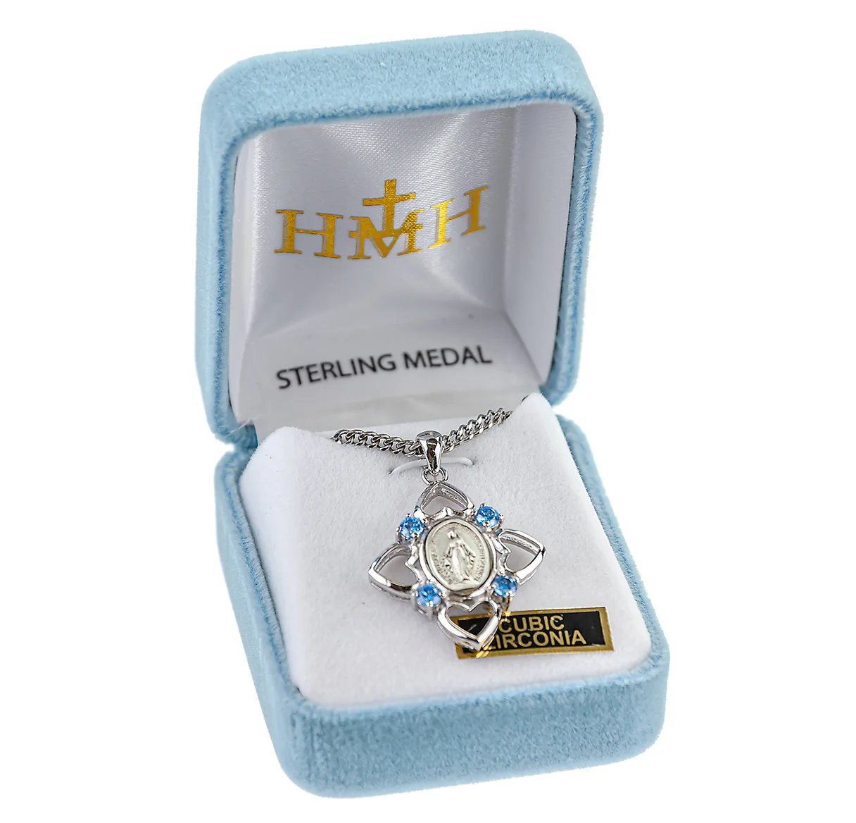 Sterling Miraculous medal with 4 Hearts and Blue CZ- stones - Image 2