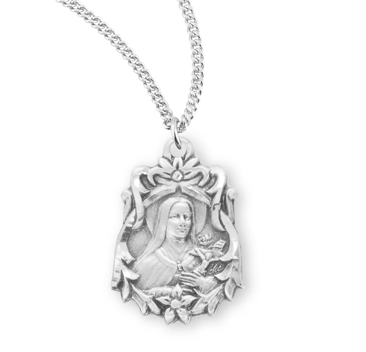Sterling Ribbon & Rose St. Therese Necklace