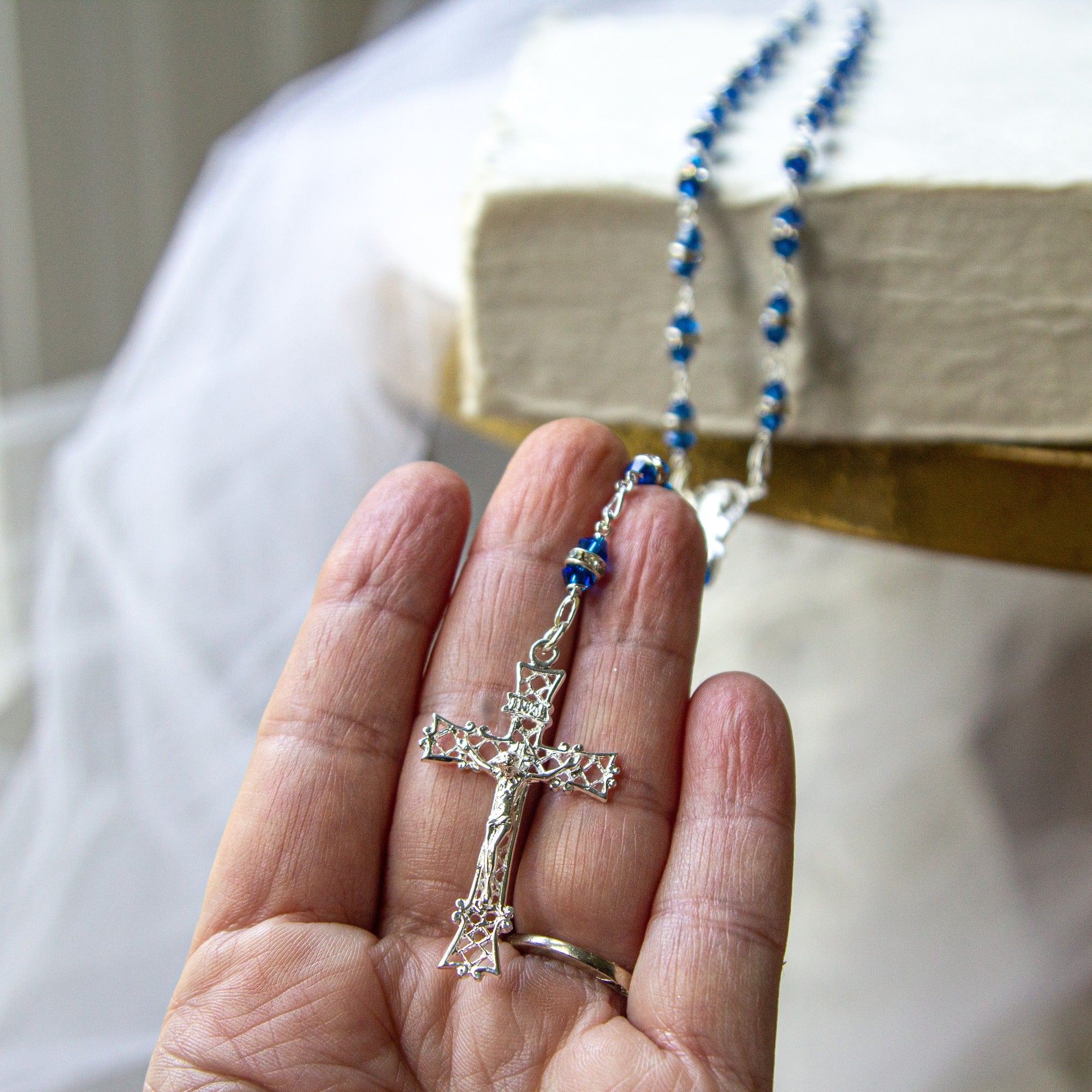 Sterling Silver, Blue and Crystal Swarovski Rosary - Image 2